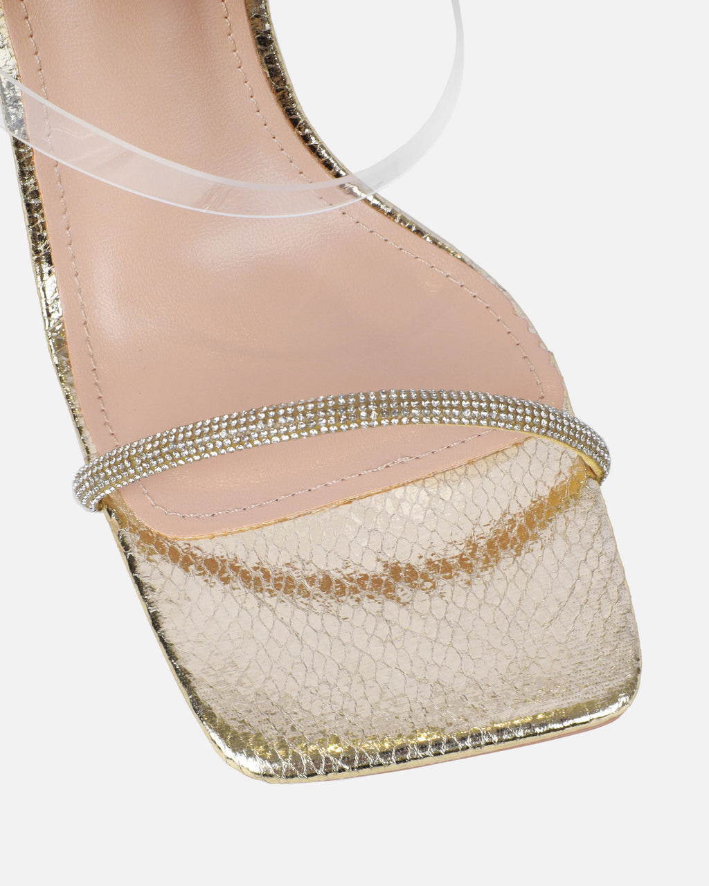 Zayla Clear Gold Faux Snake Stiletto Heeled Sandals