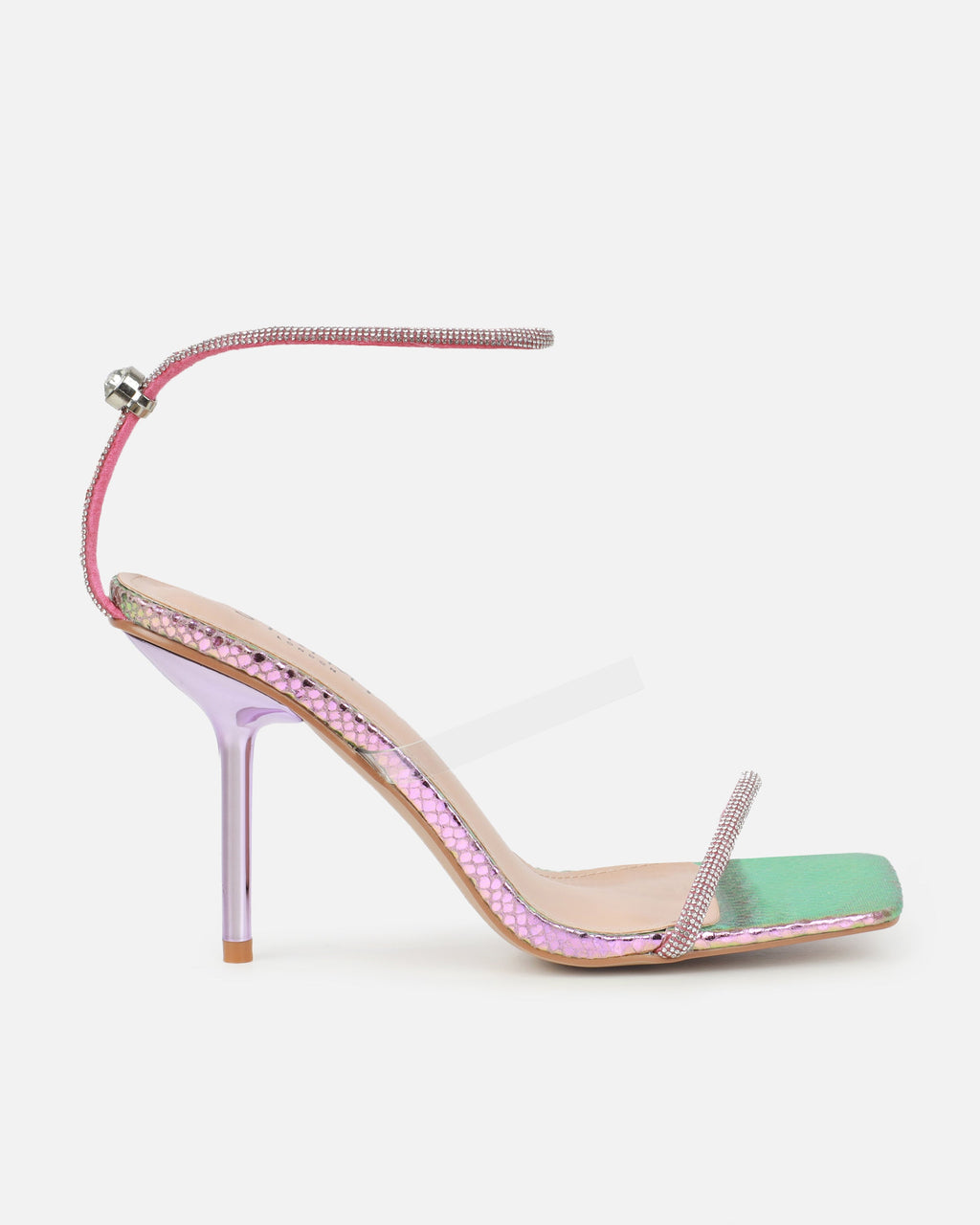 Zayla Clear Pink And Green Iridescent Faux Snake Stiletto Heeled Sandals