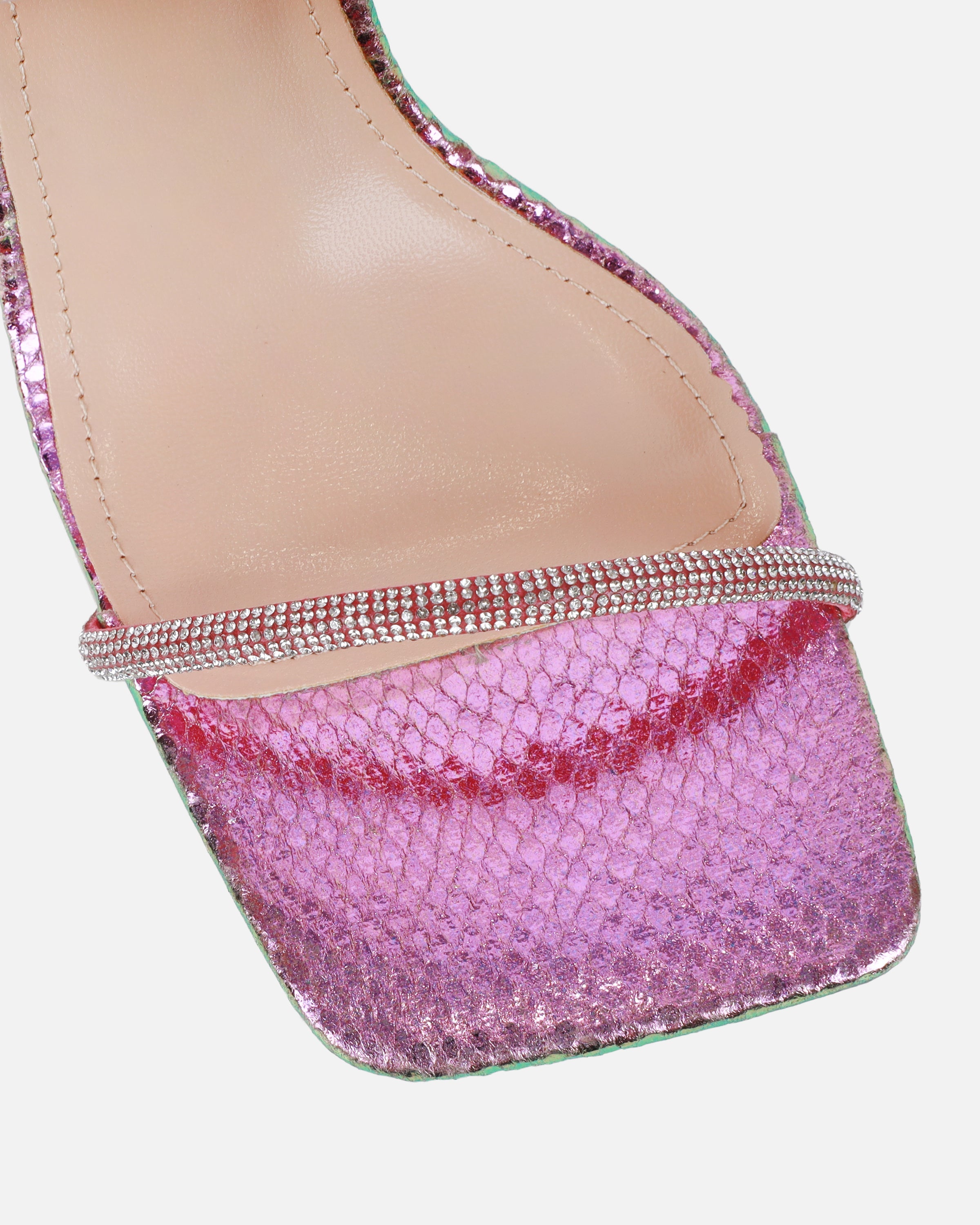 Zayla Clear Pink And Green Iridescent Faux Snake Stiletto Heeled Sandals