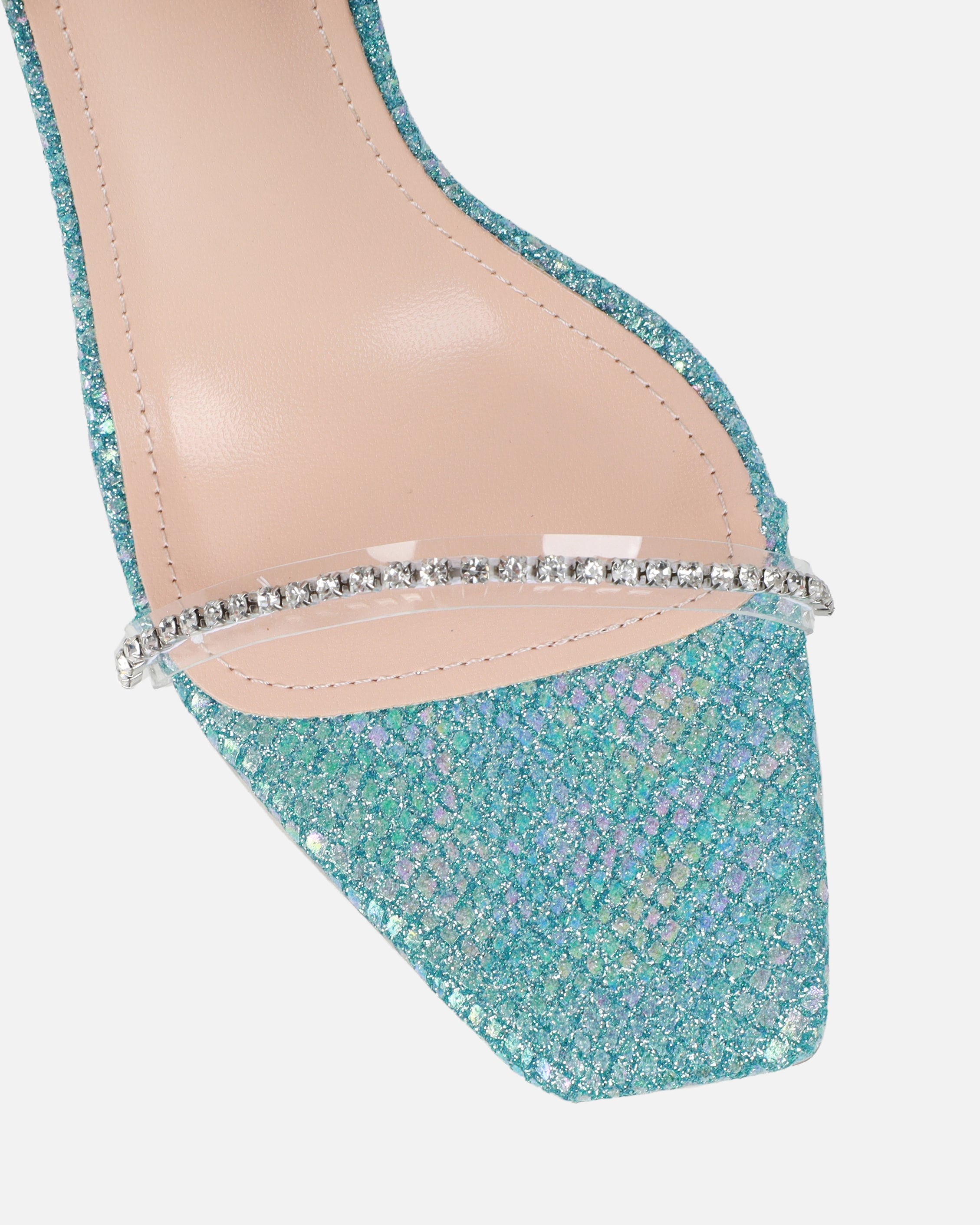 Emeriee Clear Blue Glitter Faux Snake Diamante Heeled Sandals
