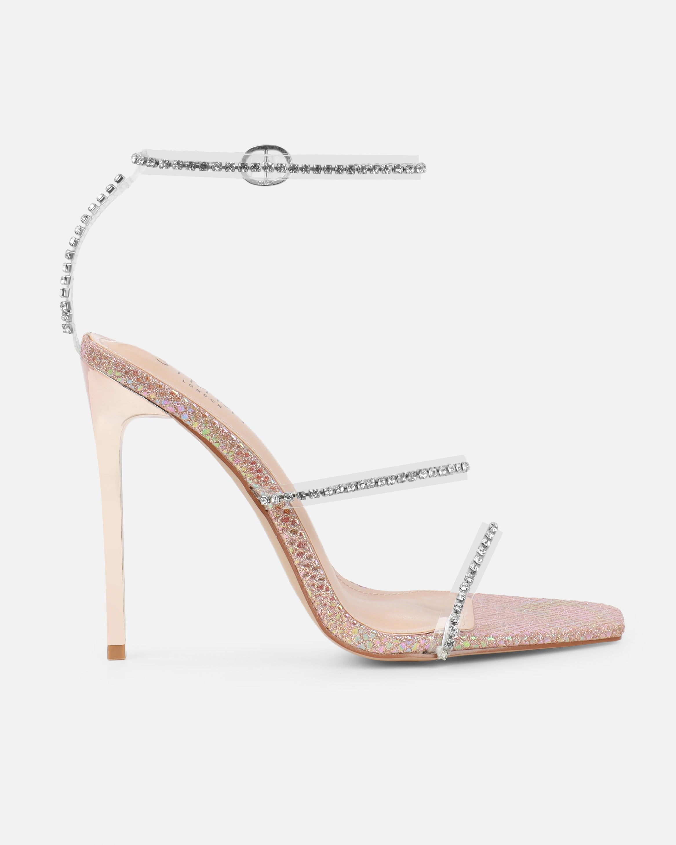 Emeriee Clear Nude Glitter Faux Snake Diamante Heeled Sandals