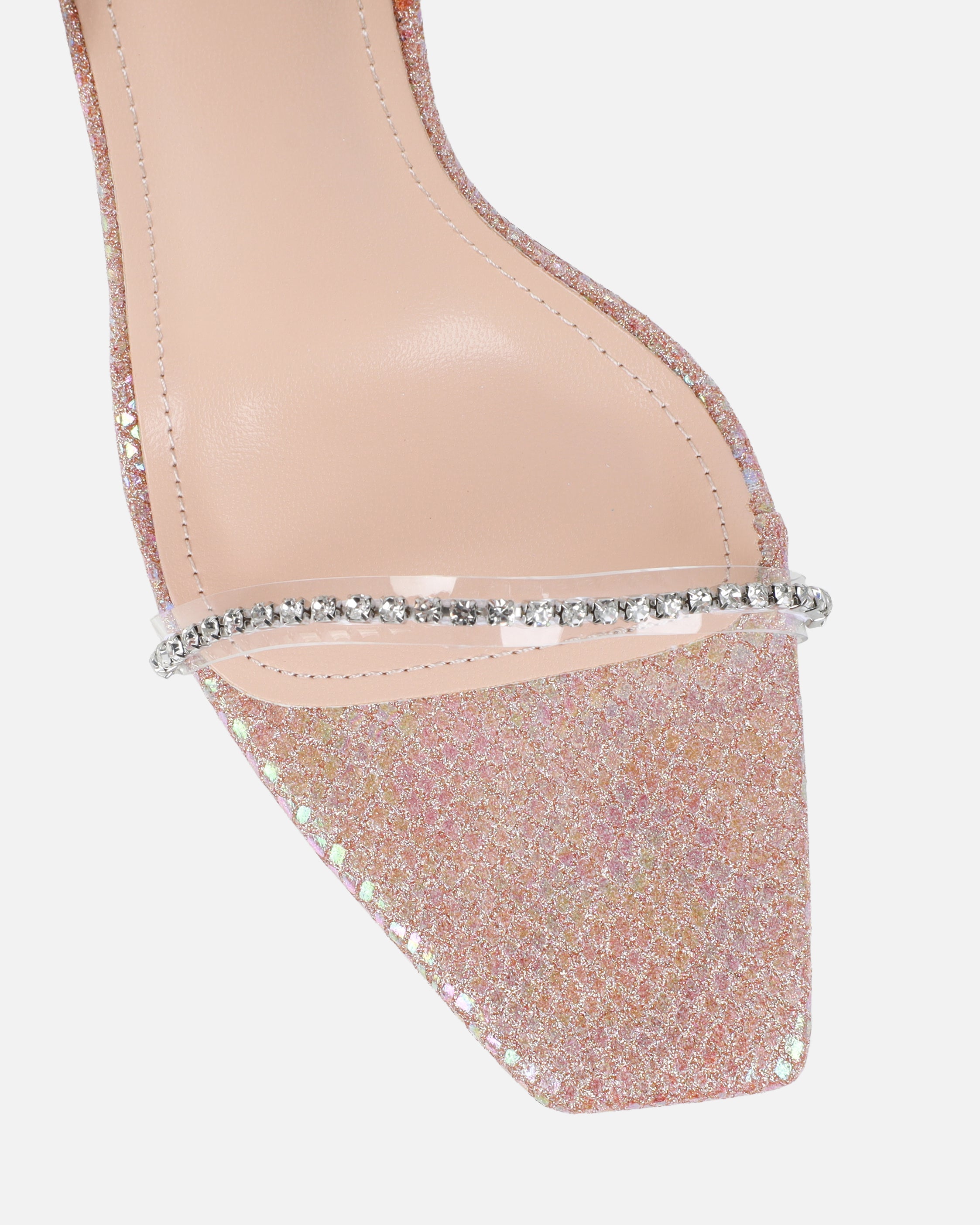Emeriee Clear Nude Glitter Faux Snake Diamante Heeled Sandals