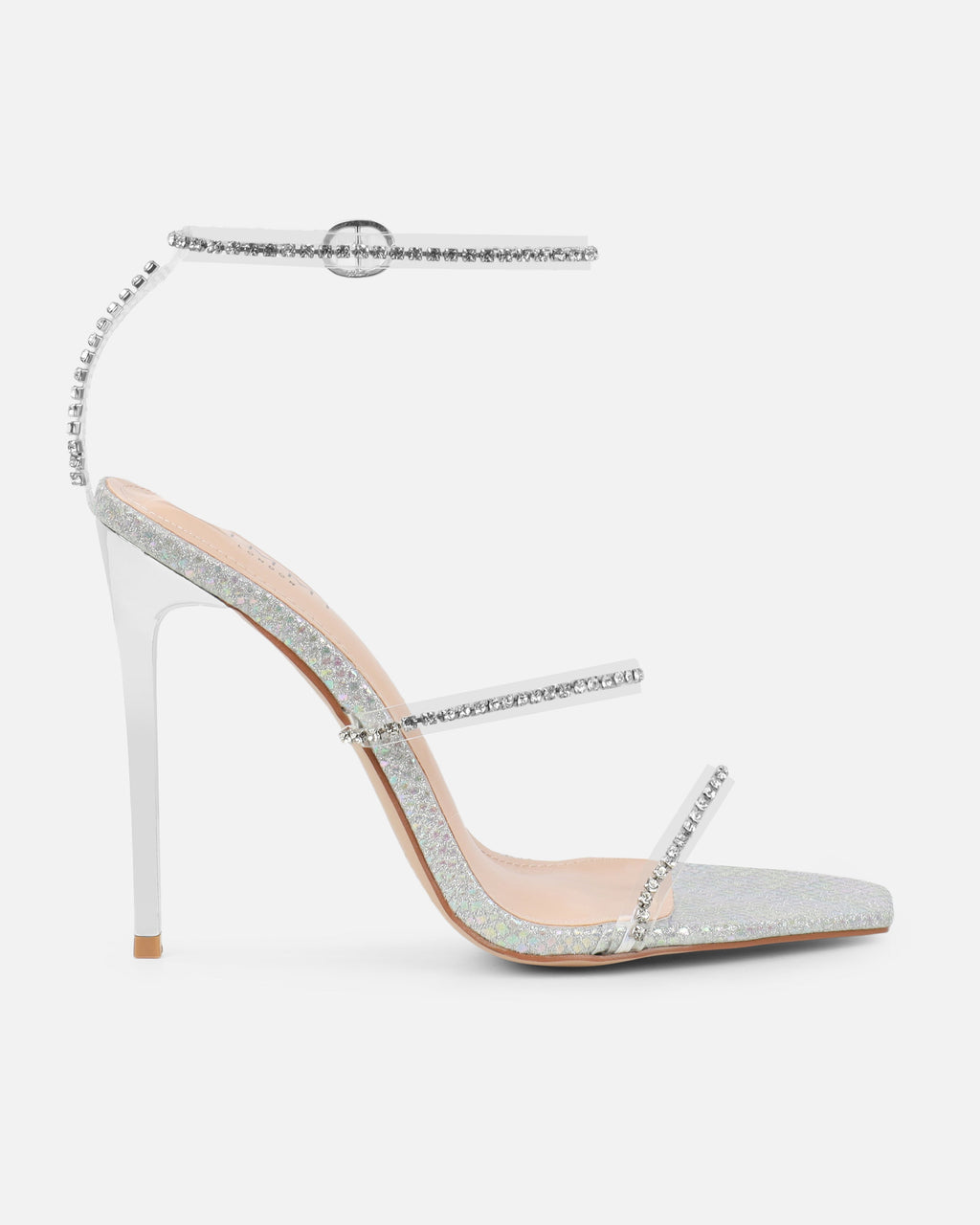 Emeriee Clear Silver Glitter Faux Snake Diamante Heeled Sandals
