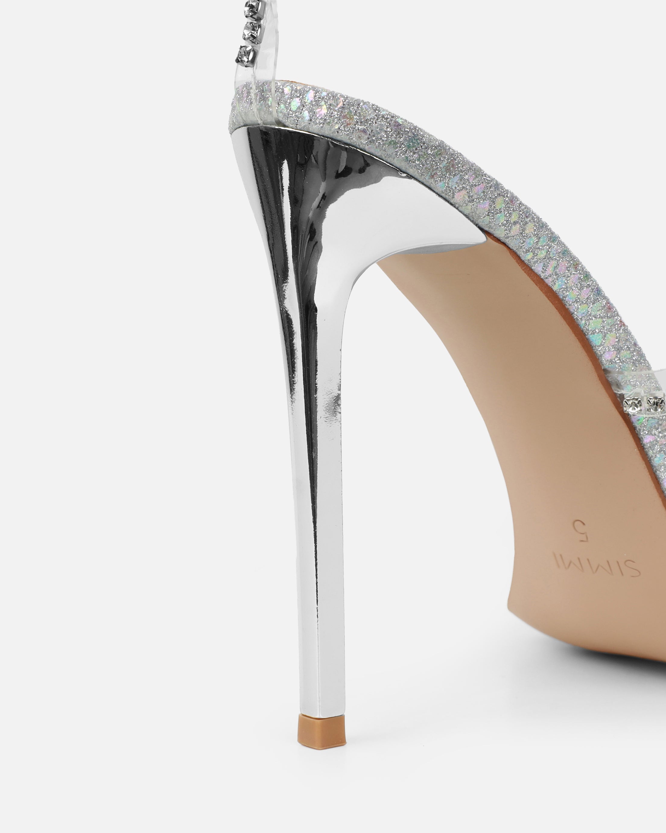 Emeriee Clear Silver Glitter Faux Snake Diamante Heeled Sandals