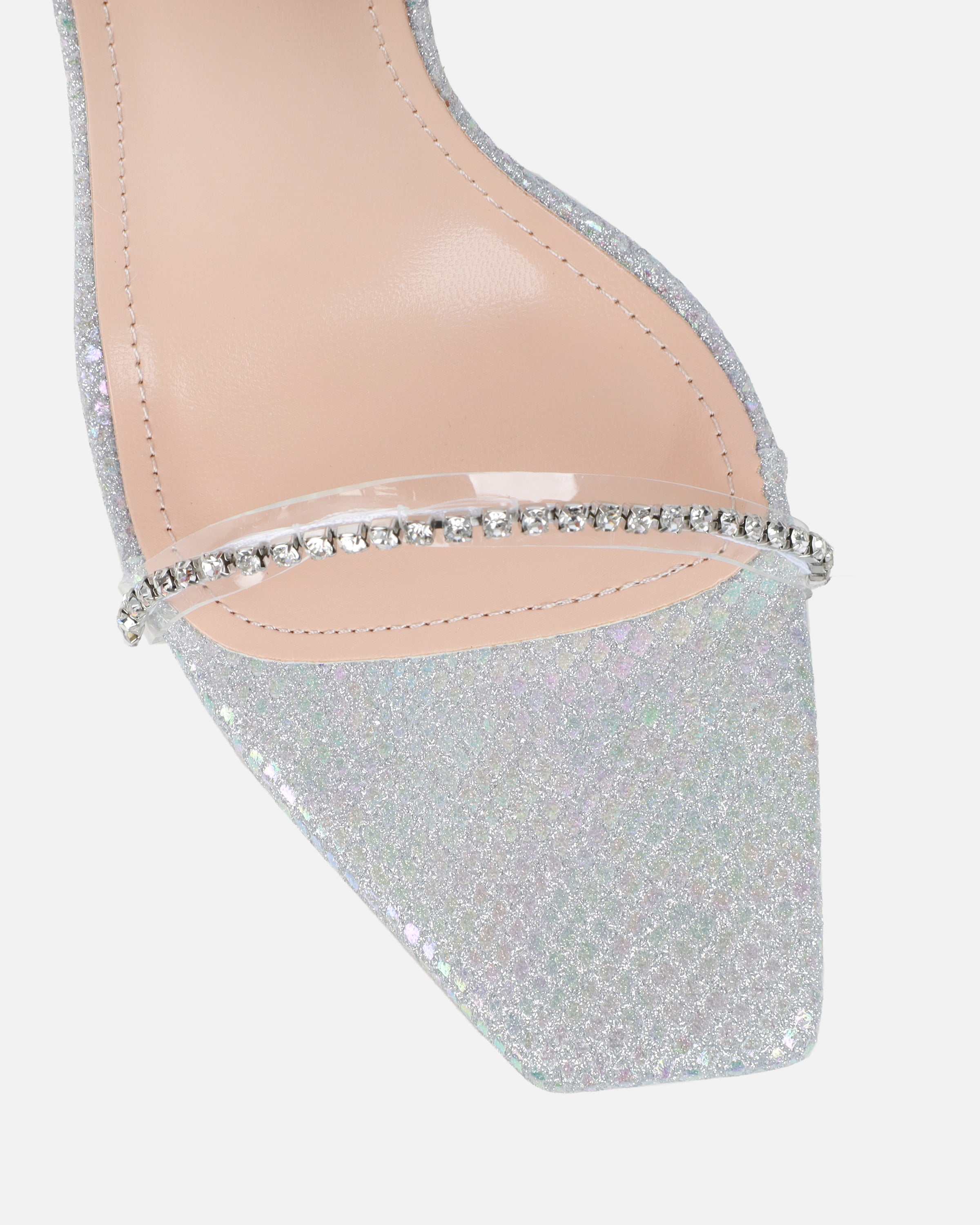 Emeriee Clear Silver Glitter Faux Snake Diamante Heeled Sandals