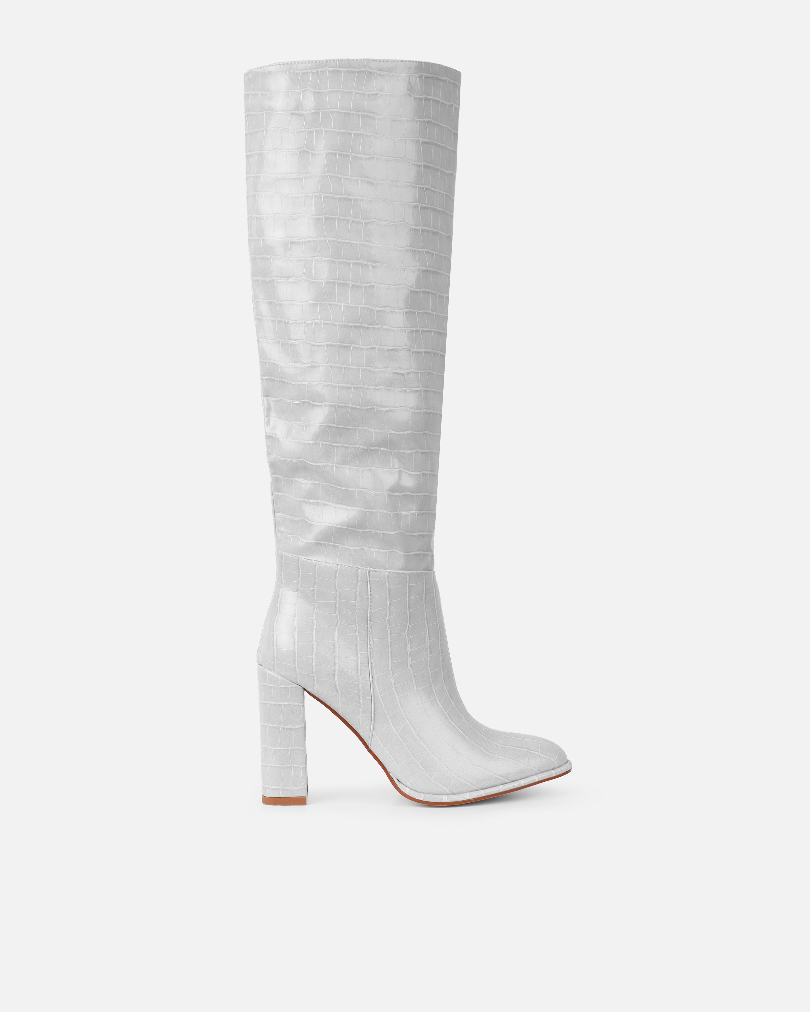 Oakley Grey Faux Croc Block Heel Knee High Boots