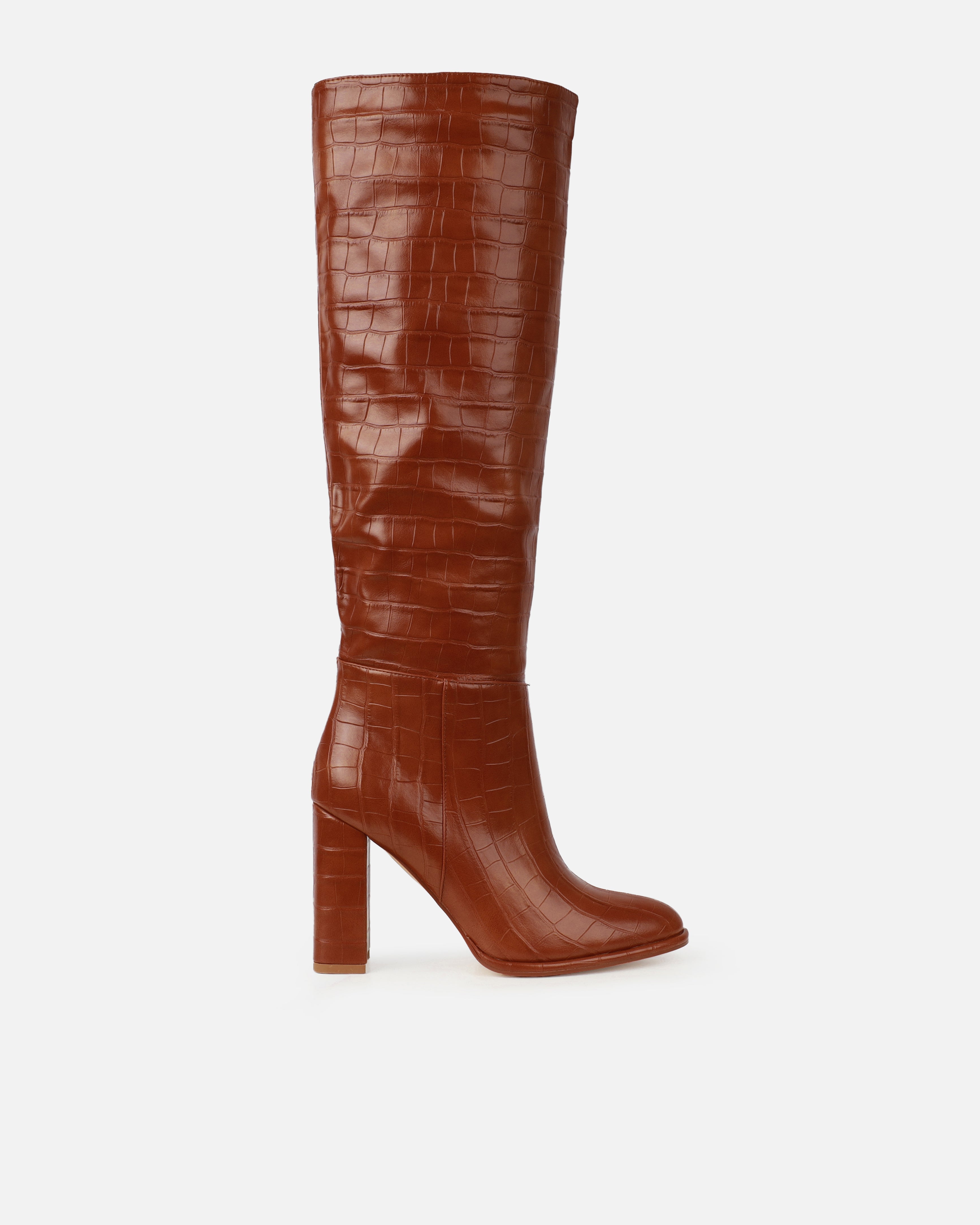 Oakley Tan Faux Croc Block Heel Knee High Boots