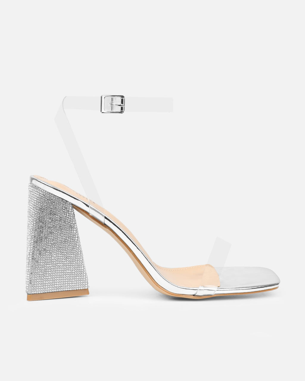Perri Clear Silver Mirror Diamante Block Heeled Sandals