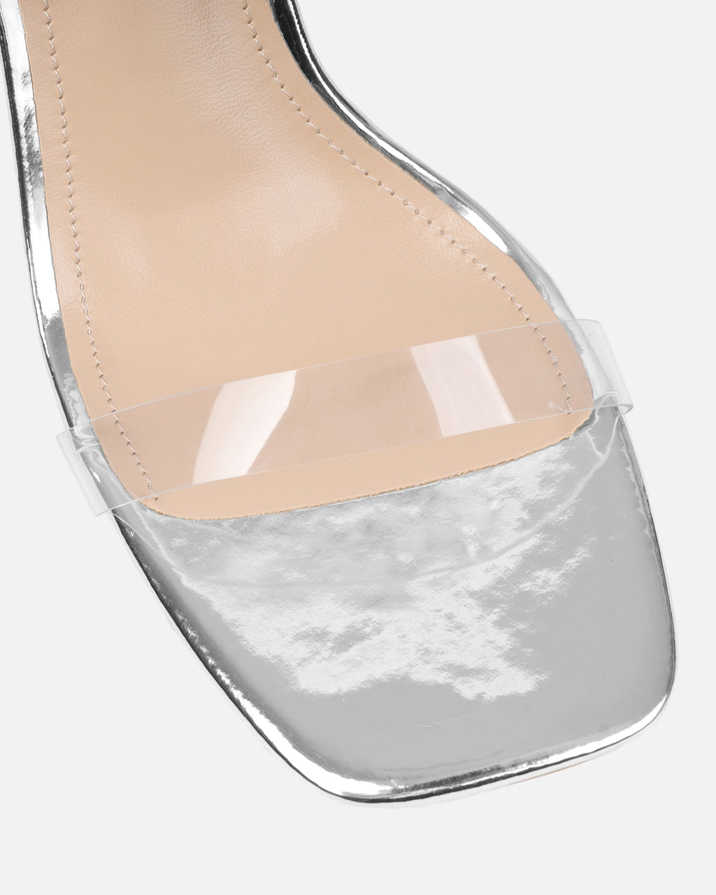Perri Clear Silver Mirror Diamante Block Heeled Sandals