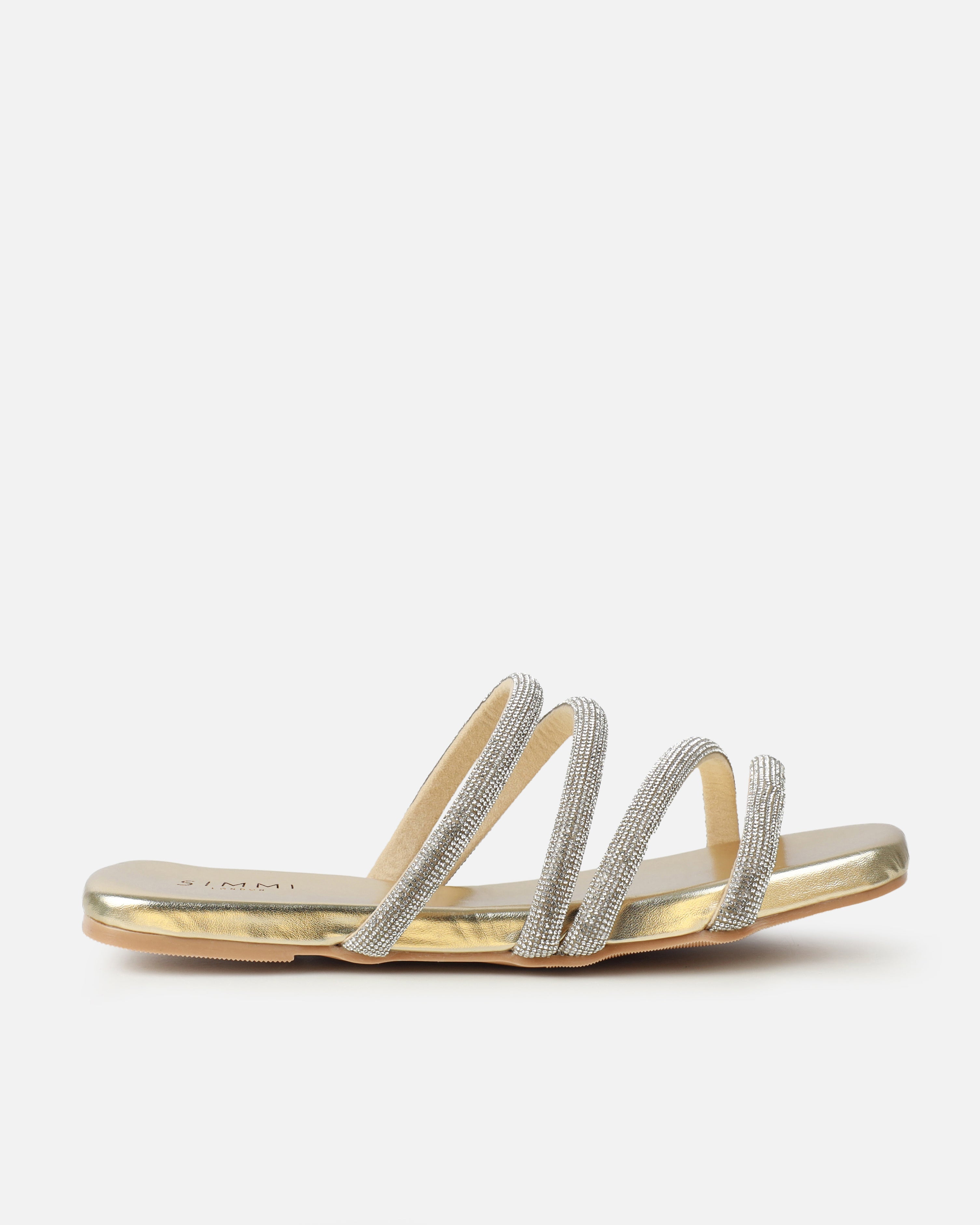 Pettle Gold Diamante Strappy Flat Sandals