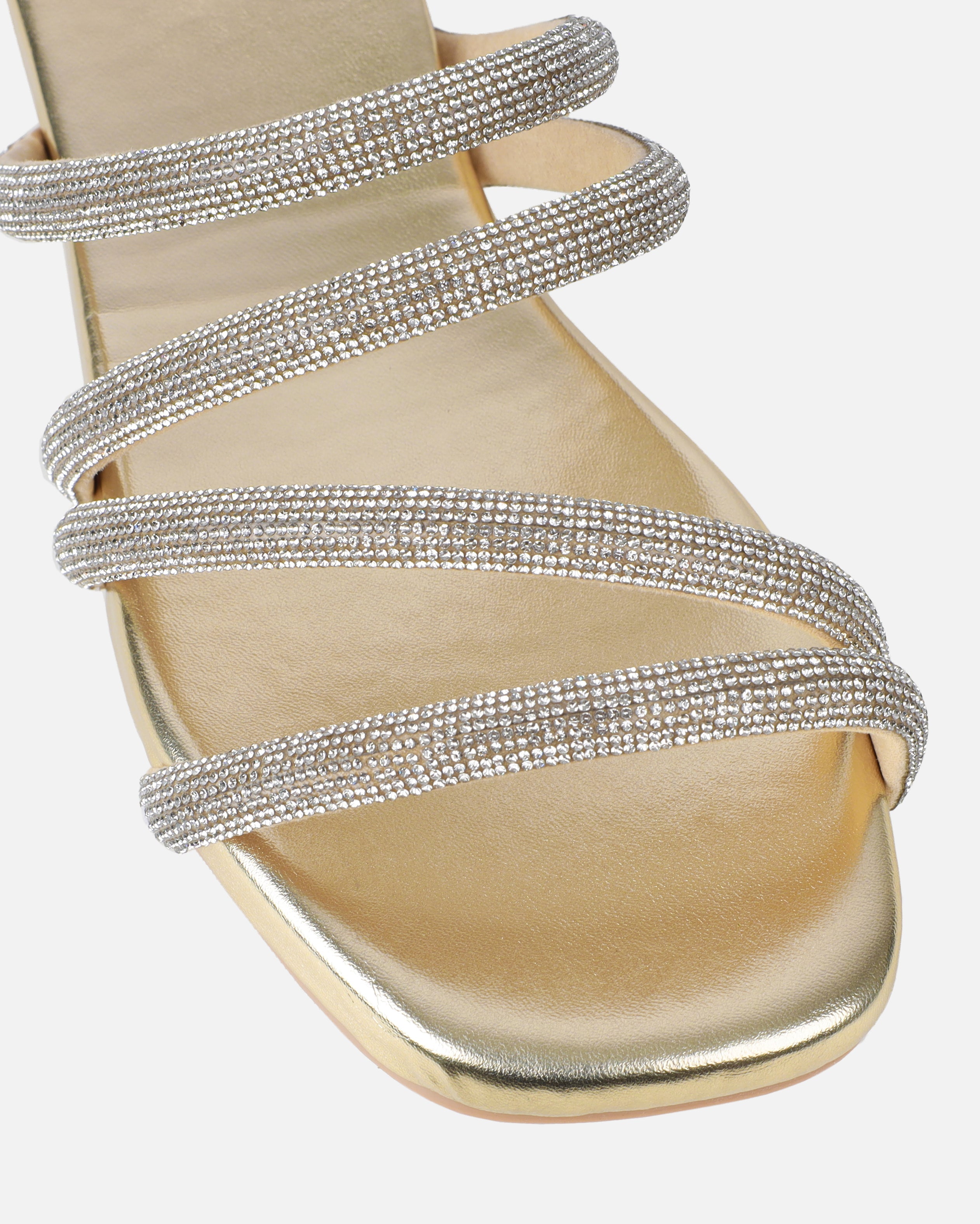 Pettle Gold Diamante Strappy Flat Sandals
