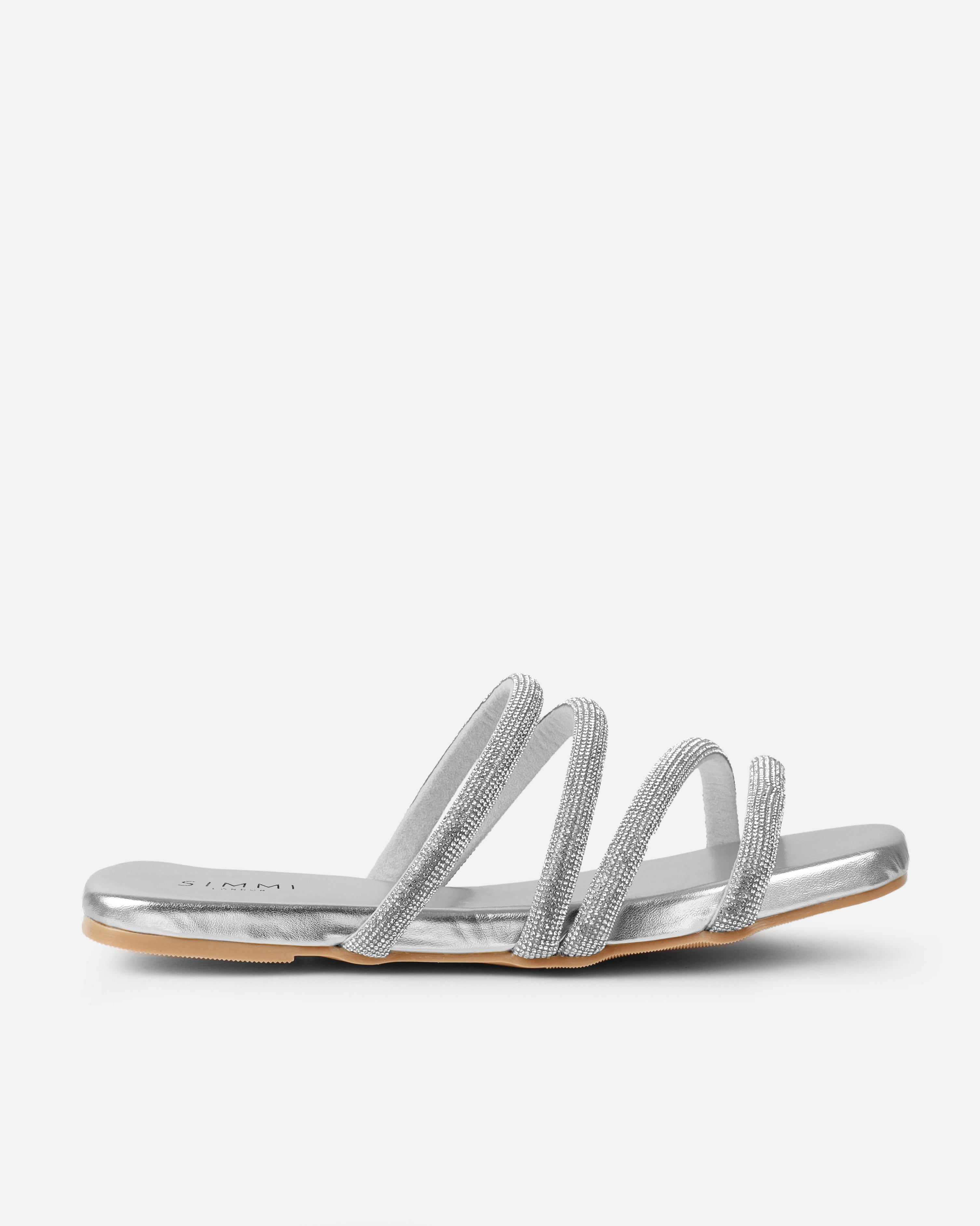 Pettle Silver Diamante Strappy Flat Sandals