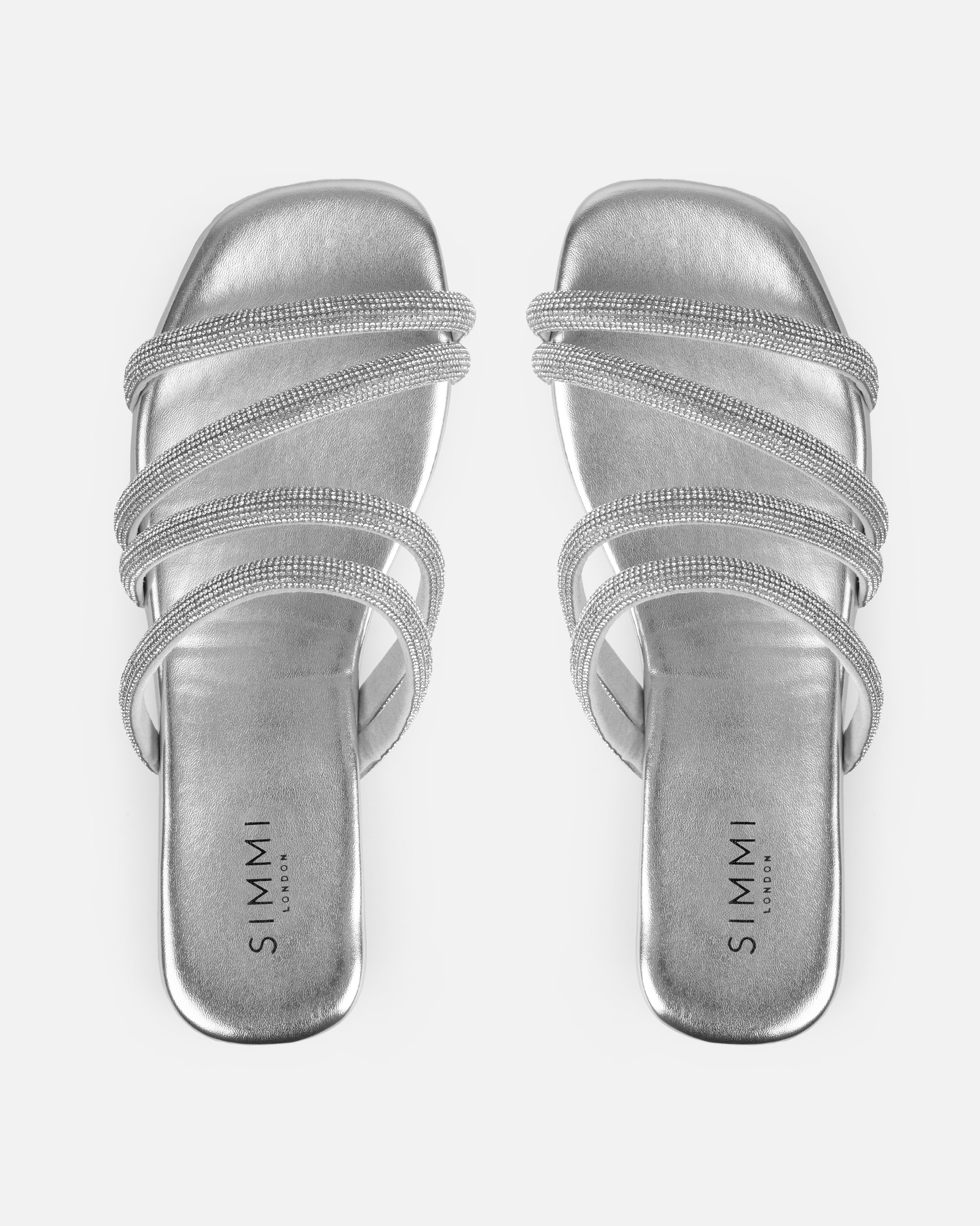 Pettle Silver Diamante Strappy Flat Sandals