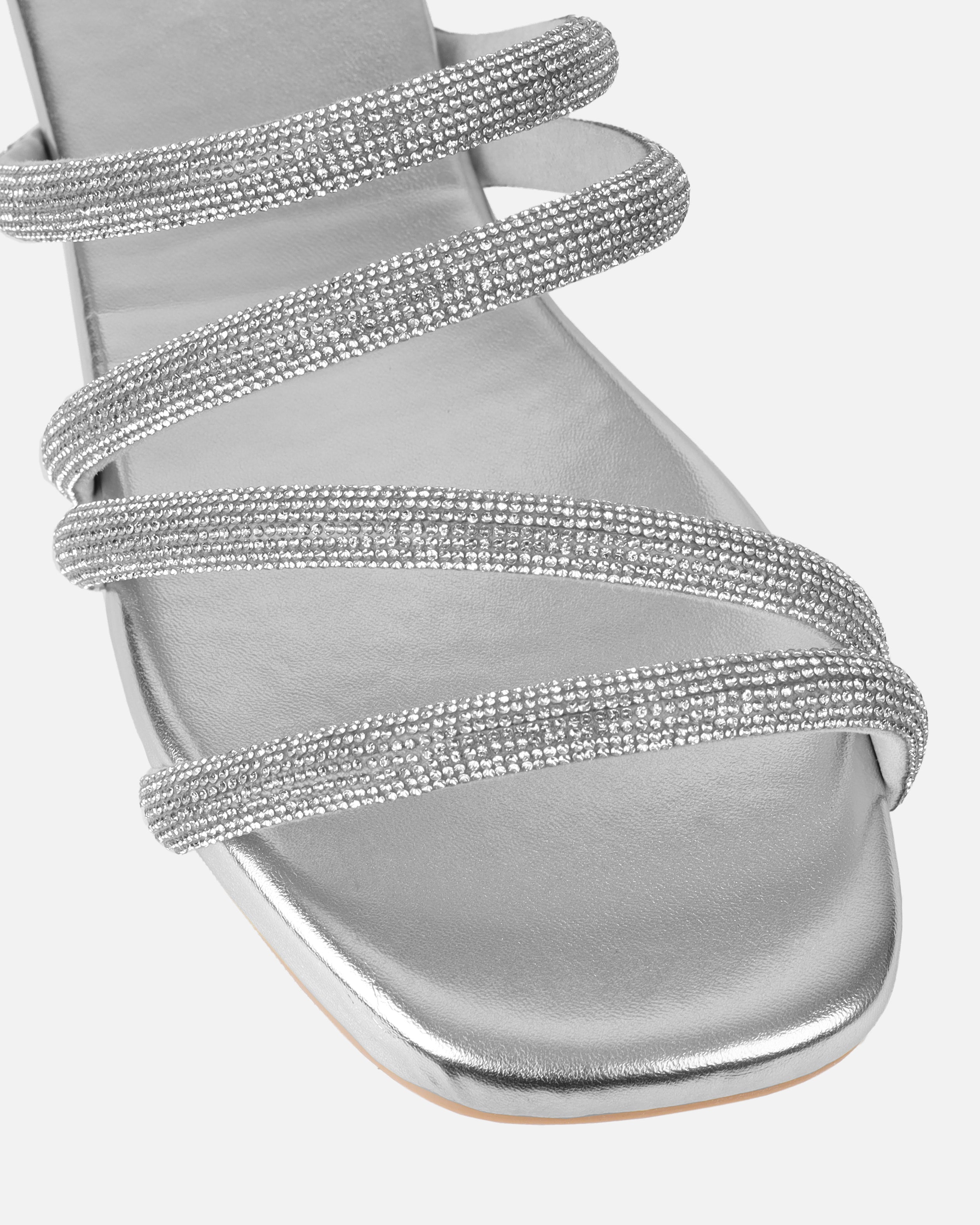 Pettle Silver Diamante Strappy Flat Sandals
