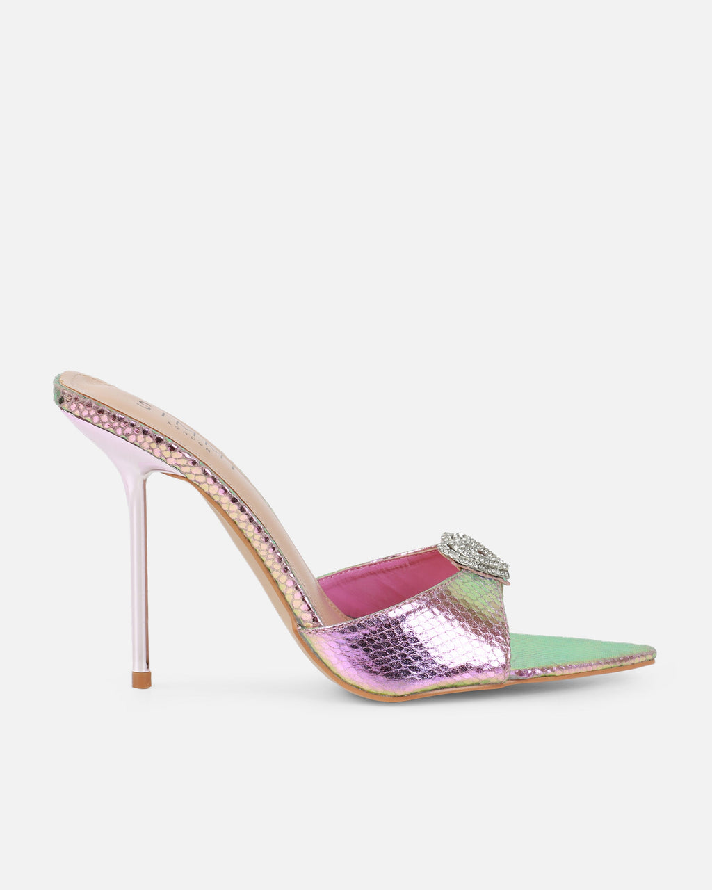 Phoeniz Pink And Green Iridescent Snake Heart Diamante Mules