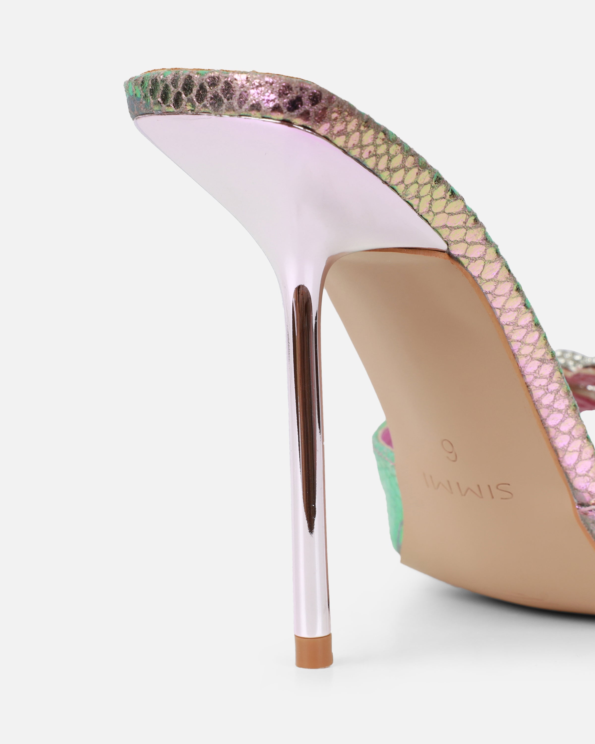 Phoeniz Pink And Green Iridescent Snake Heart Diamante Mules