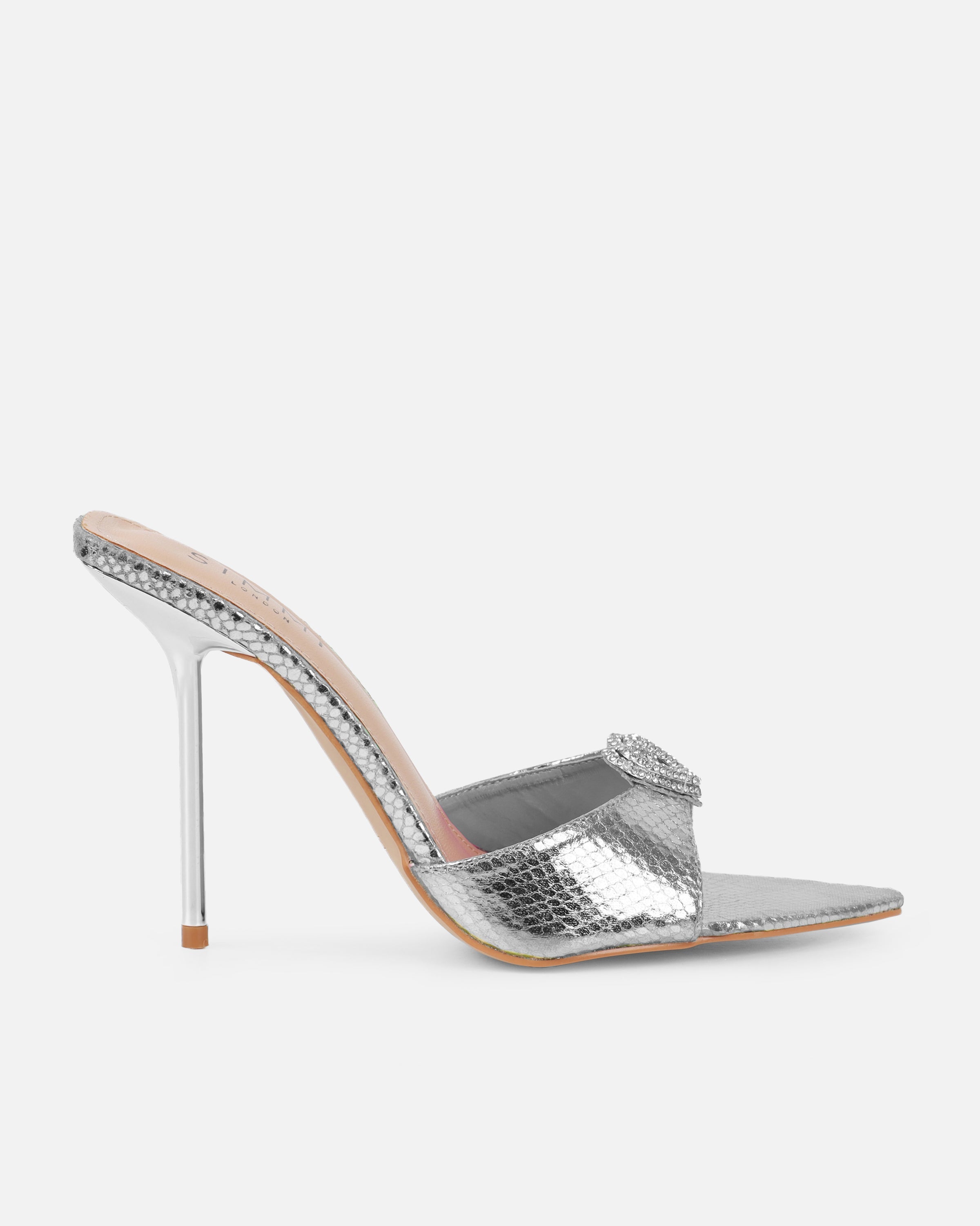 Phoeniz Silver Metallic Snake Heart Diamante Mules