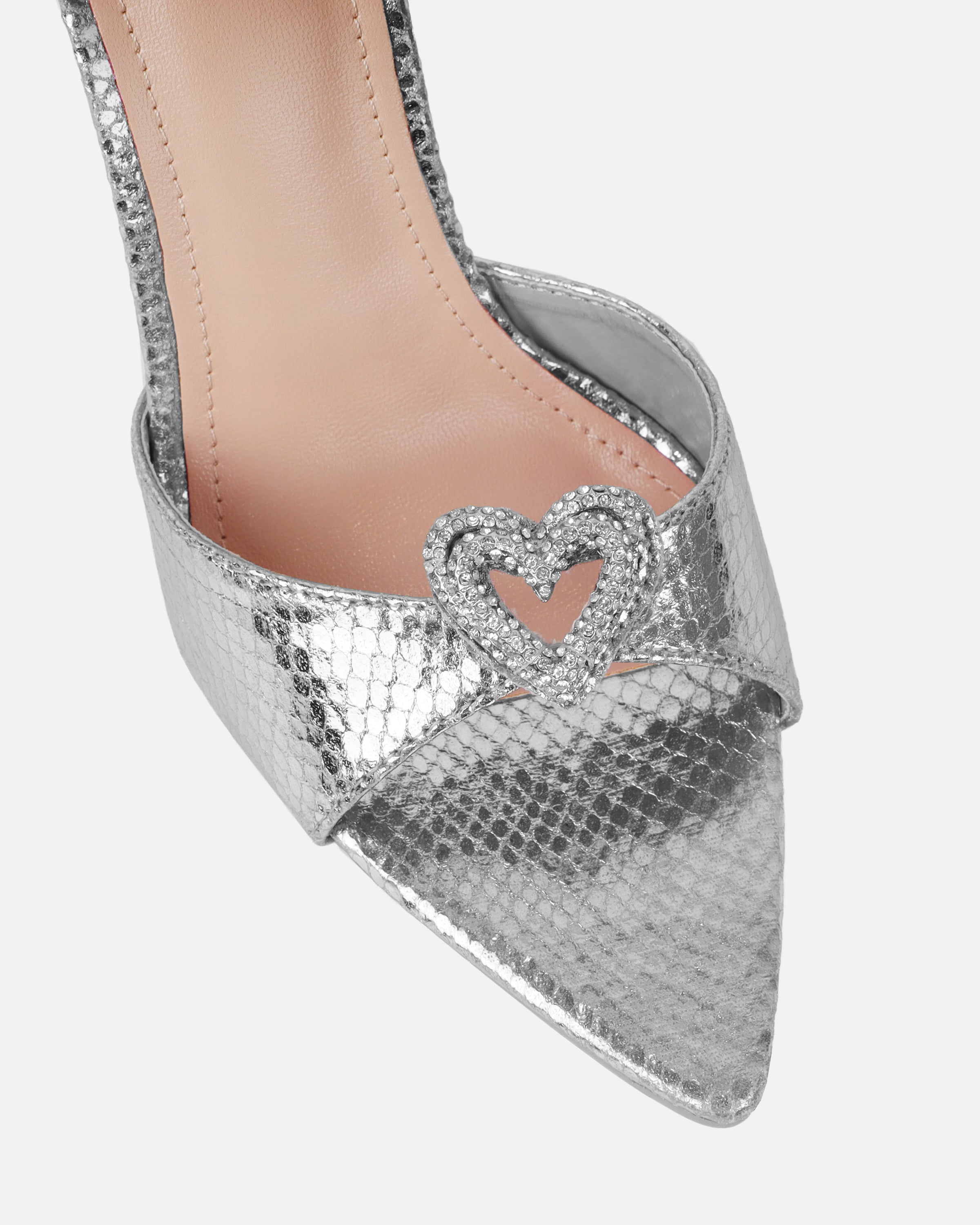 Phoeniz Silver Metallic Snake Heart Diamante Mules