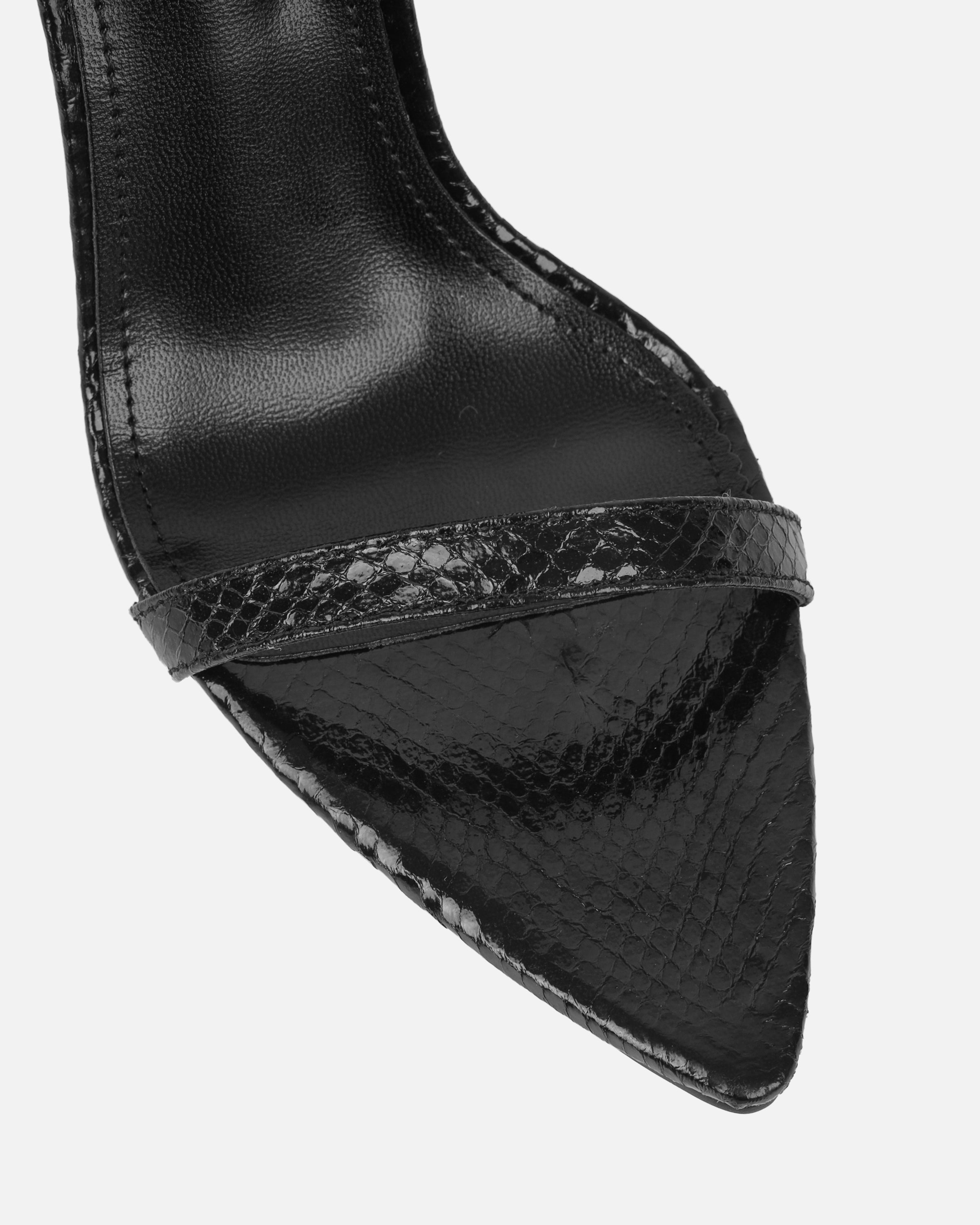 Perla Black Faux Snake Print Strappy Stiletto Heels