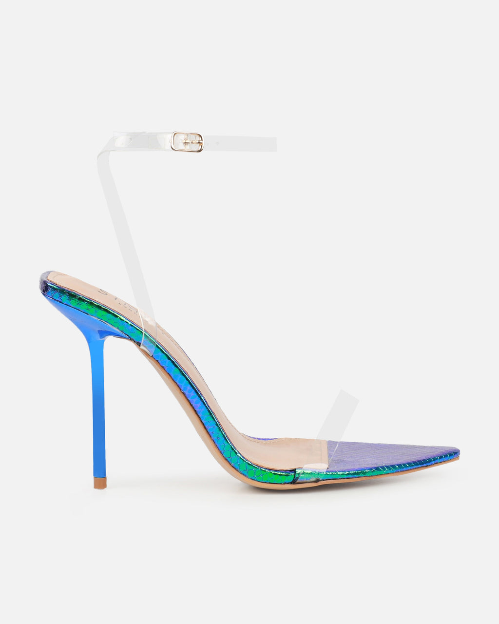 Perla Clear Green Iridescent Faux Snake Scrappy Stiletto Heels