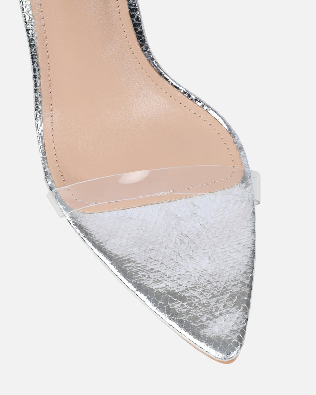 Perla Clear Silver Faux Snake Strappy Stiletto Heels