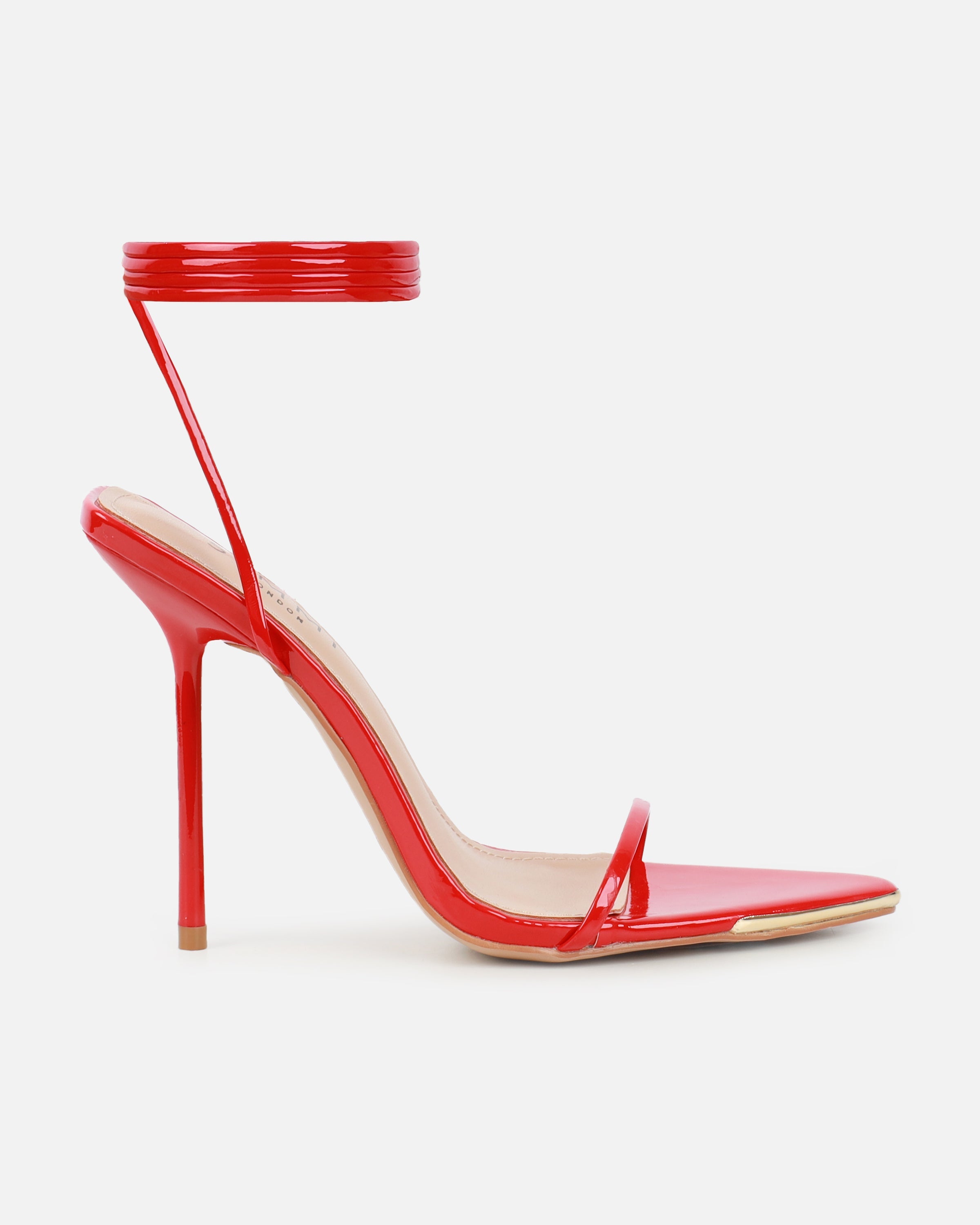 Delilahh Red Patent Tie Up Stiletto Sandals