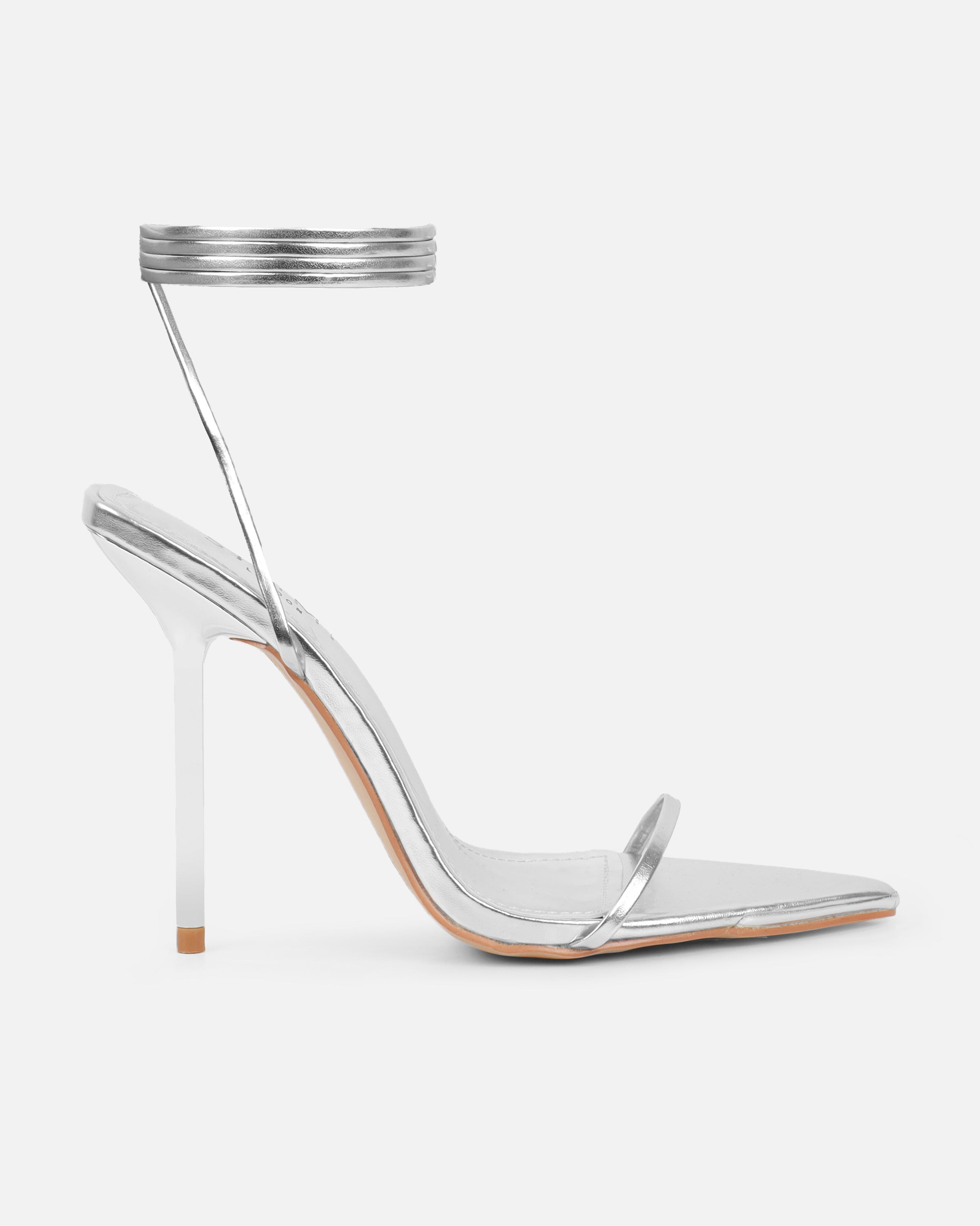 Delilahh Silver Metallic Tie Up Stiletto Sandals