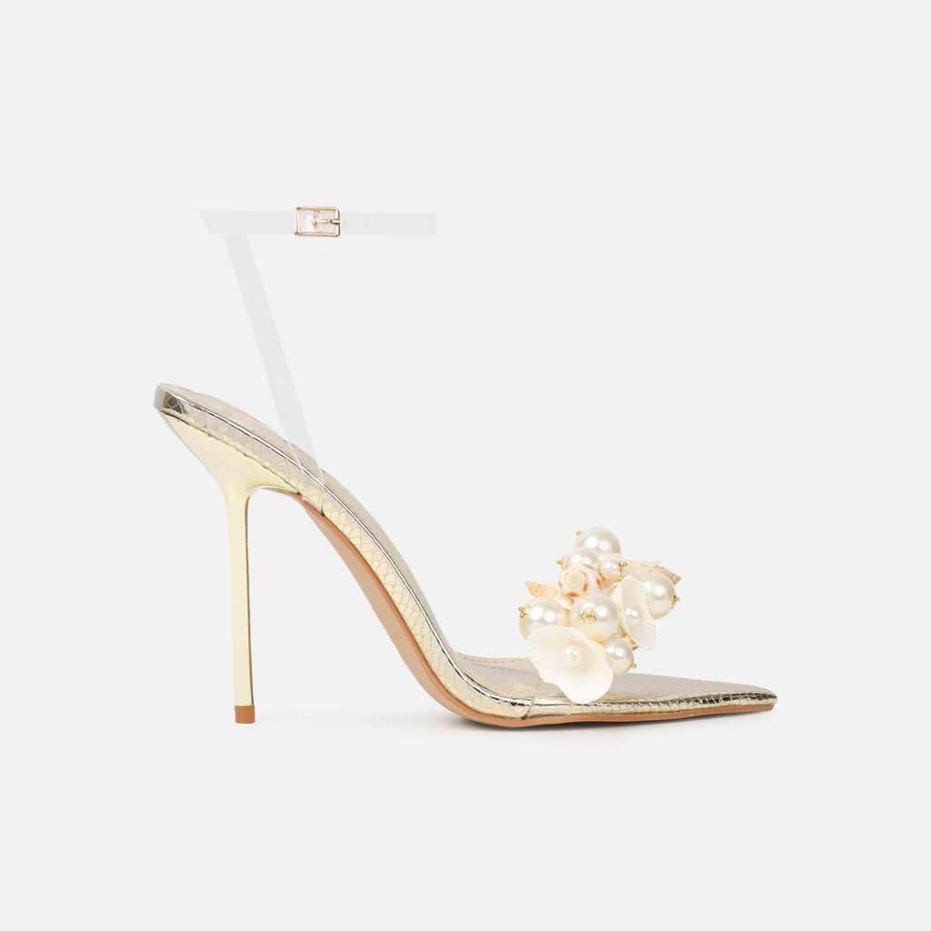 Shelli Gold Snake Effect Shell Trimmed Heeled Sandals