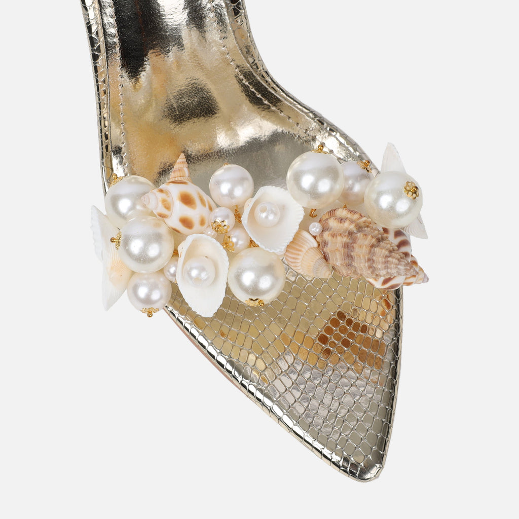 Shelli Gold Snake Effect Shell Trimmed Heeled Sandals