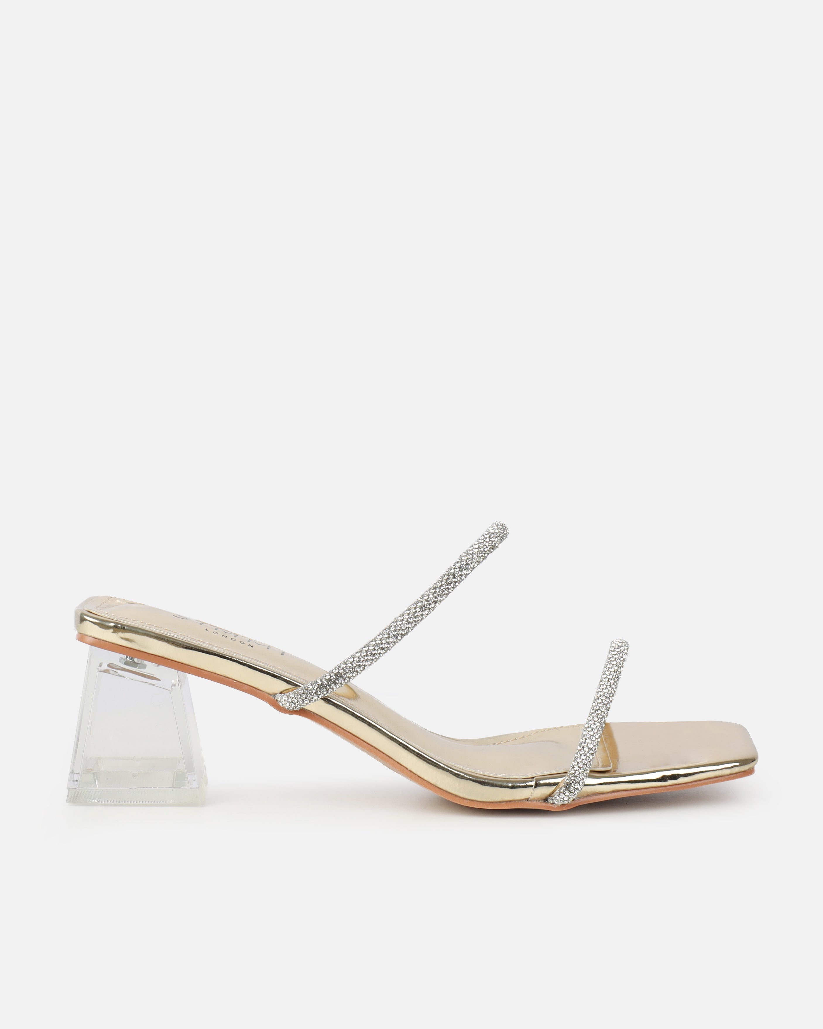 Paytoni Gold Mirror Clear Block Heel Diamante Mules