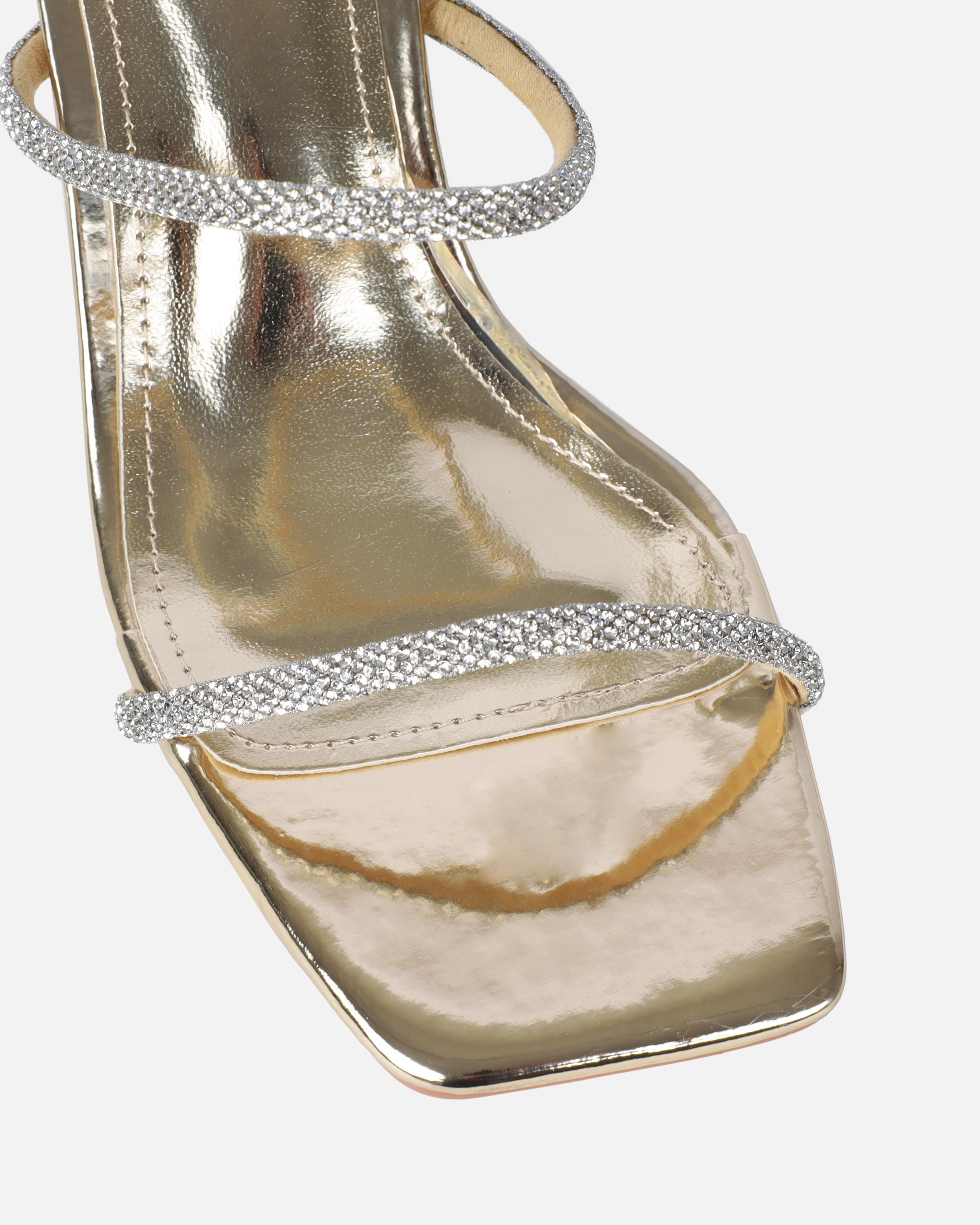 Paytoni Gold Mirror Clear Block Heel Diamante Mules