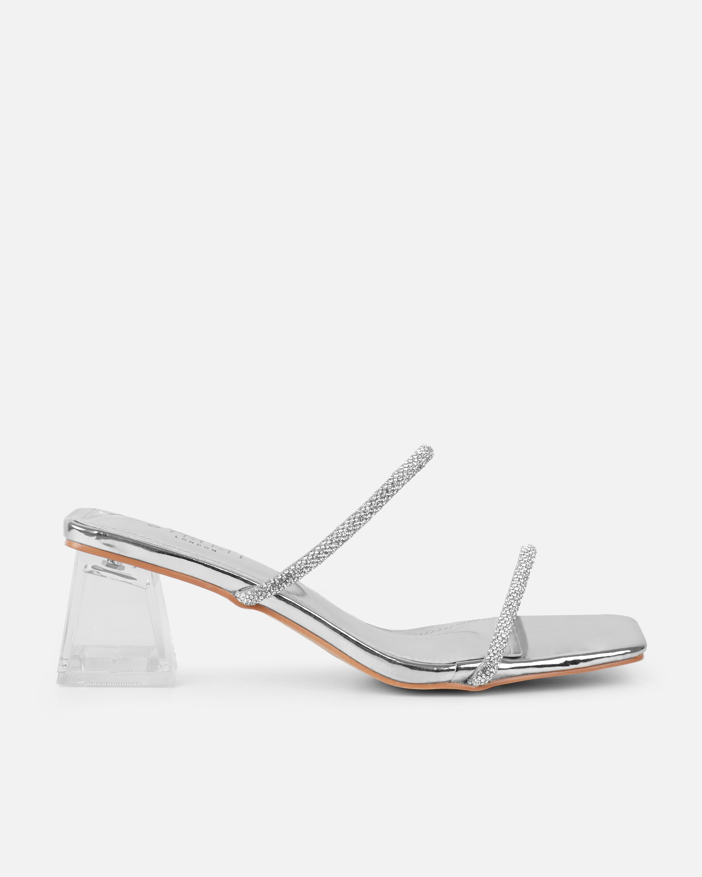 Paytoni Silver Mirror Clear Block Heel Diamante Mules