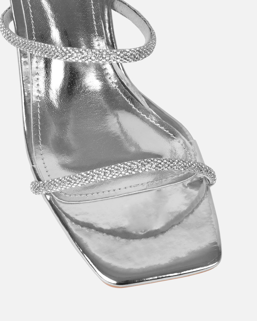 Paytoni Silver Mirror Clear Block Heel Diamante Mules