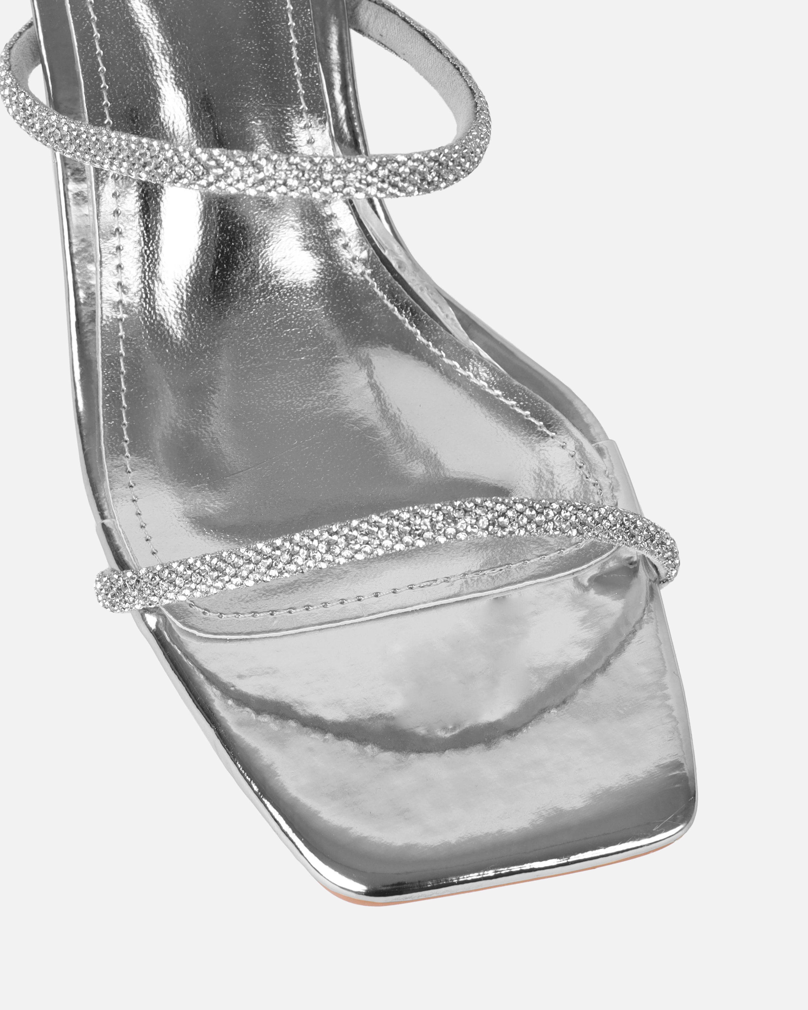Paytoni Silver Mirror Clear Block Heel Diamante Mules