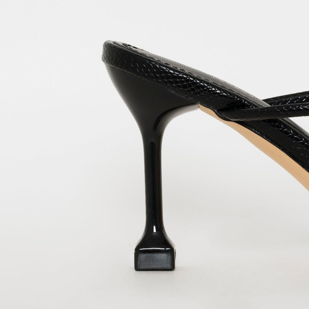 Jada Wide Fit Black Snake Print Strappy Midi Heel Mules