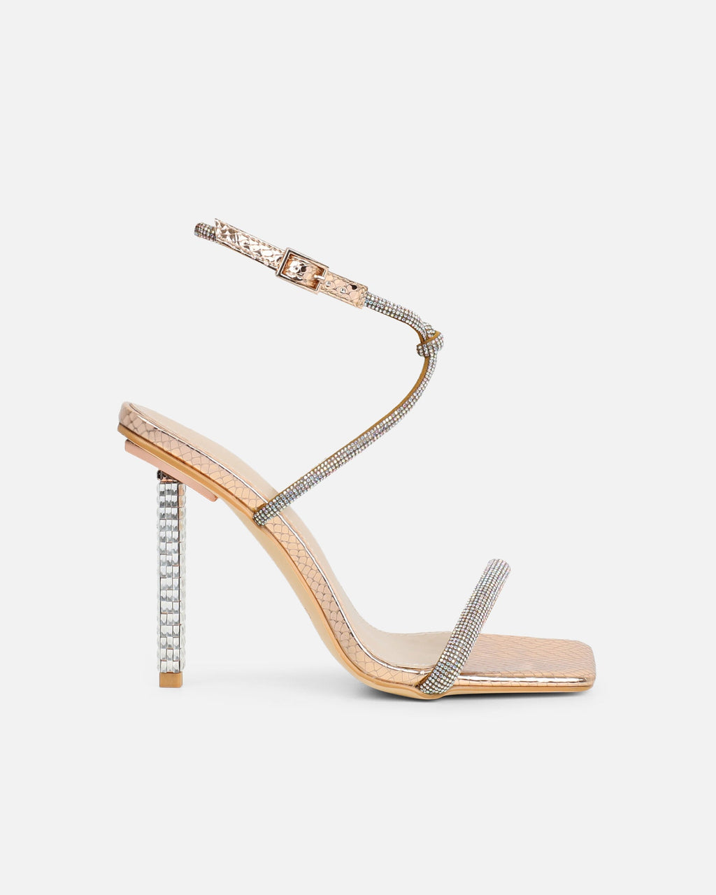 Rainbow Rose Gold Snake Diamante Heeled Sandals With Iridescent Stones