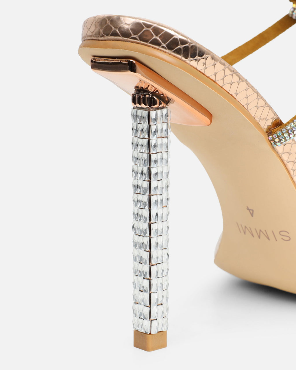 Rainbow Rose Gold Snake Diamante Heeled Sandals With Iridescent Stones