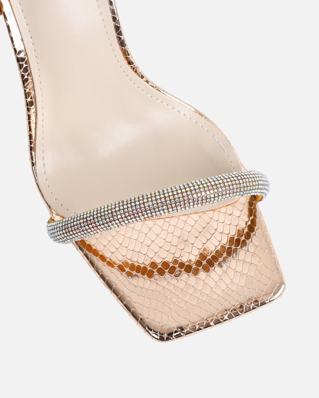 Rainbow Rose Gold Snake Diamante Heeled Sandals With Iridescent Stones