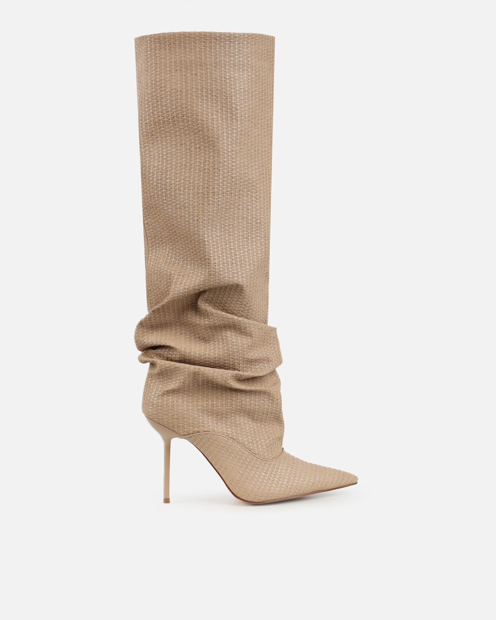 Rami Beige Woven Effect Ruched Stiletto Knee High Boots