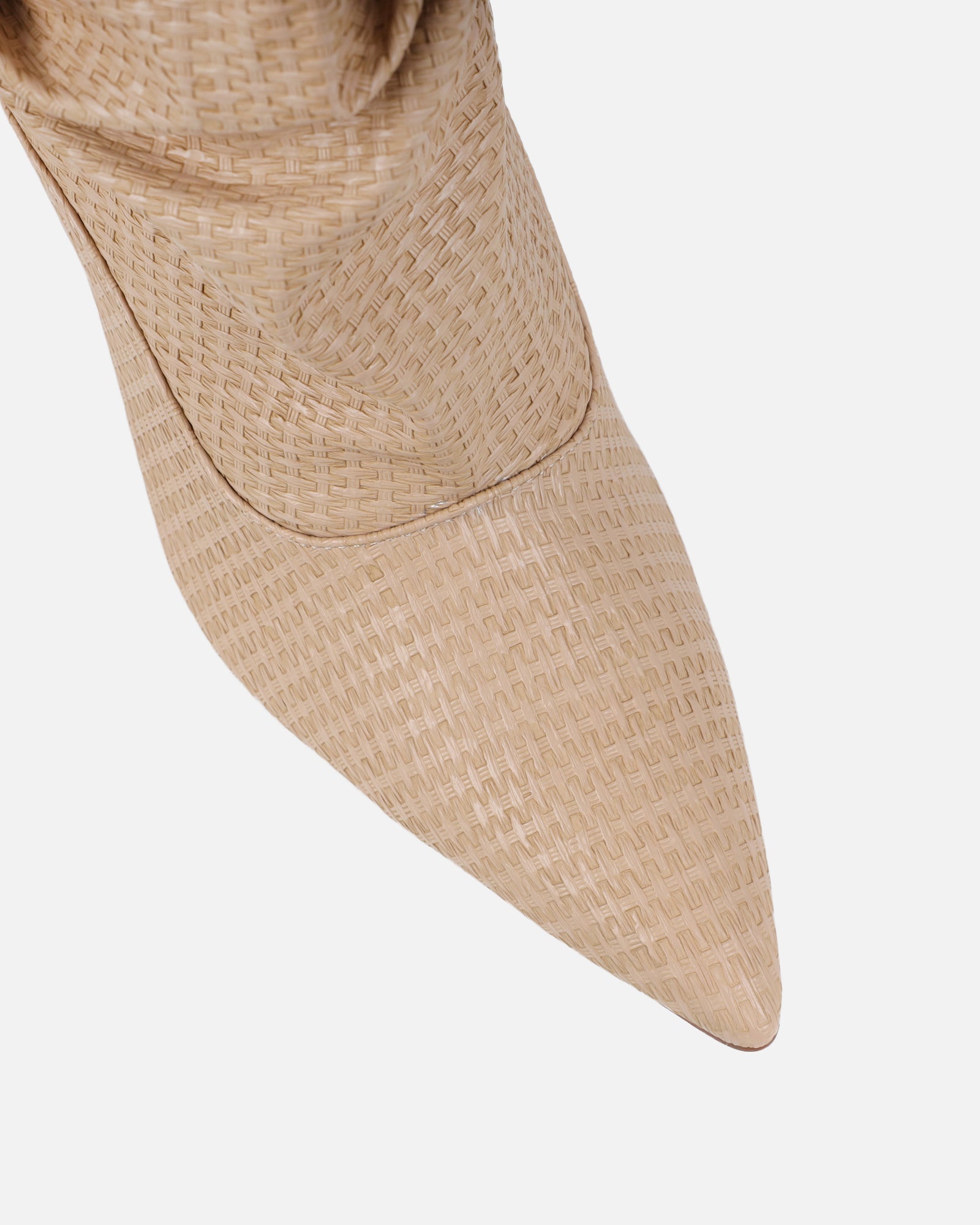 Rami Beige Woven Effect Ruched Stiletto Knee High Boots