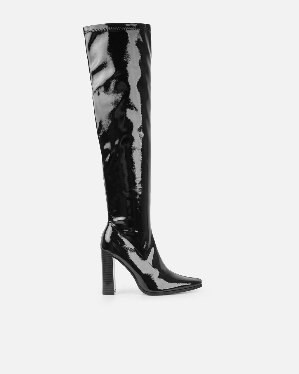 Ron Black Stretch Patent Block Heel Knee Boots
