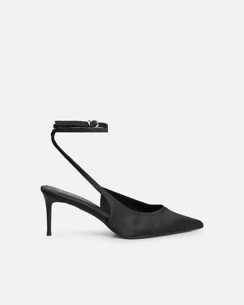 Sonika Black Satin Strappy Slingback Court Shoes