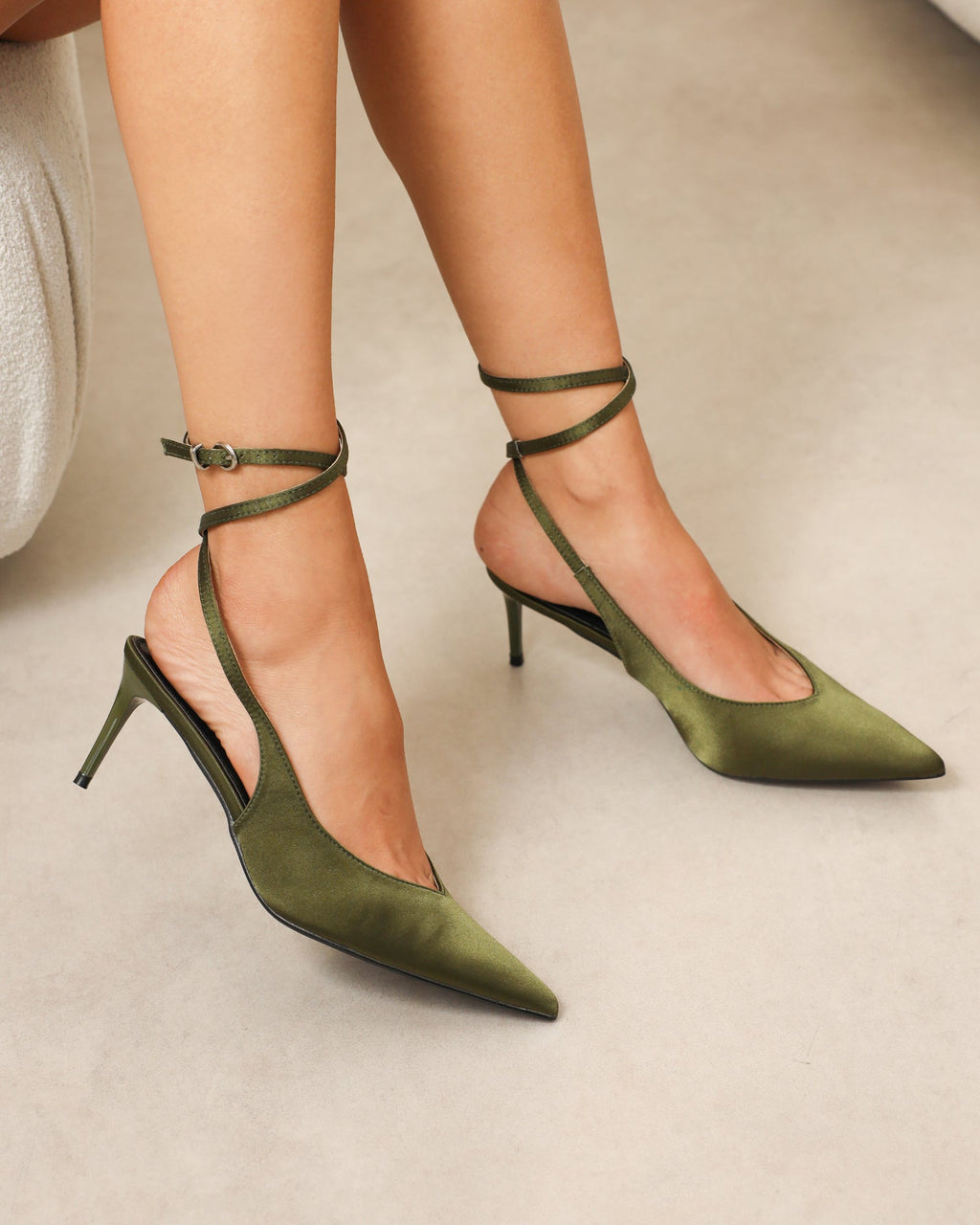Sonika Khaki Satin Strappy Slingback Court Shoes