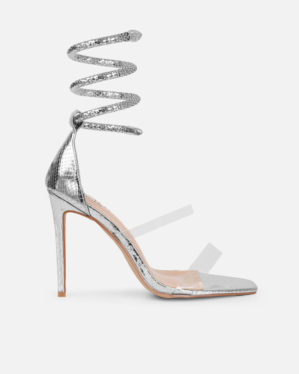 Medusa Silver Faux Snake Print Spiral Stiletto Sandals