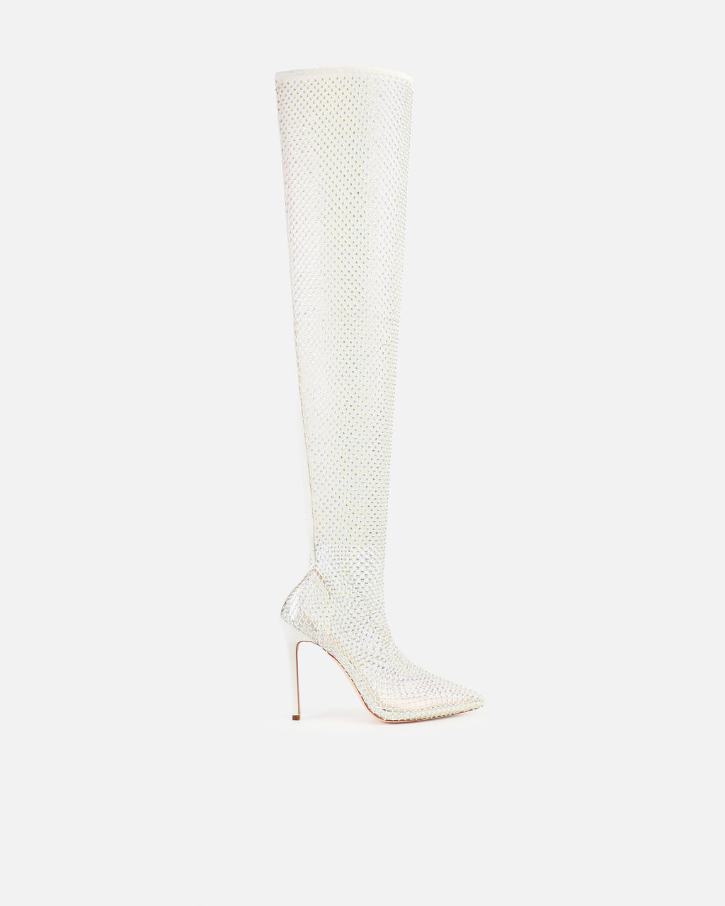 Onika White Diamante Fishnet Thigh High Heels