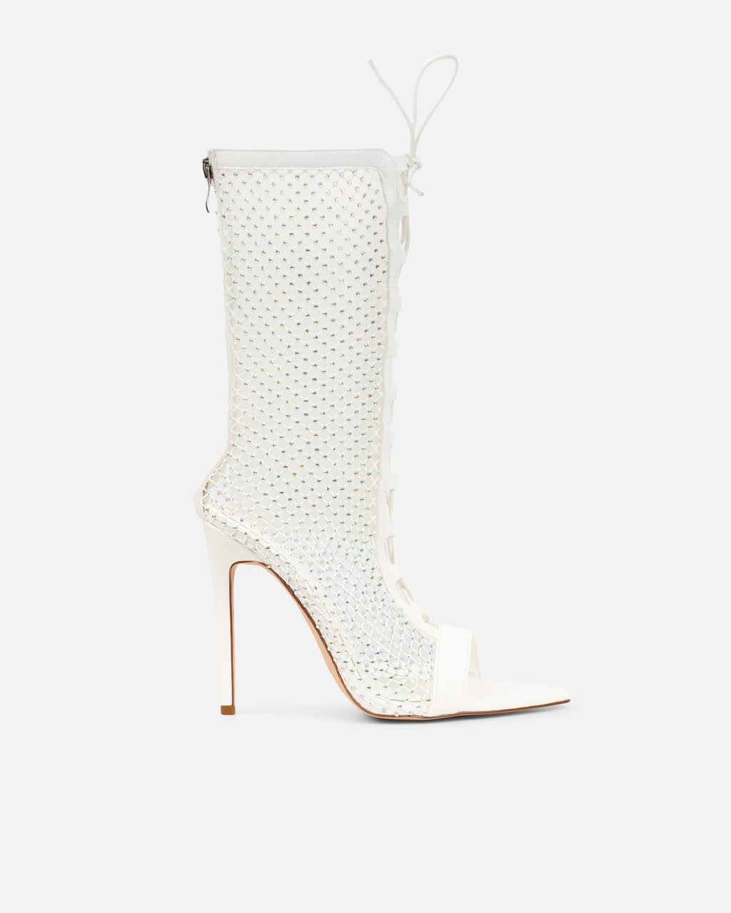 Prima White Diamante Mesh Lace Up Heeled Sandals