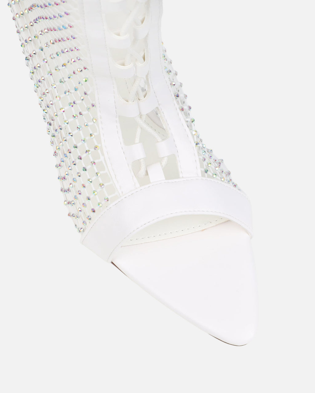Prima White Diamante Mesh Lace Up Heeled Sandals