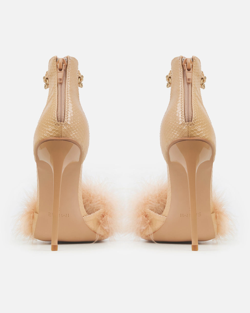 Saphire Nude Faux Snake Fluffy Heeled Sandals With Chains