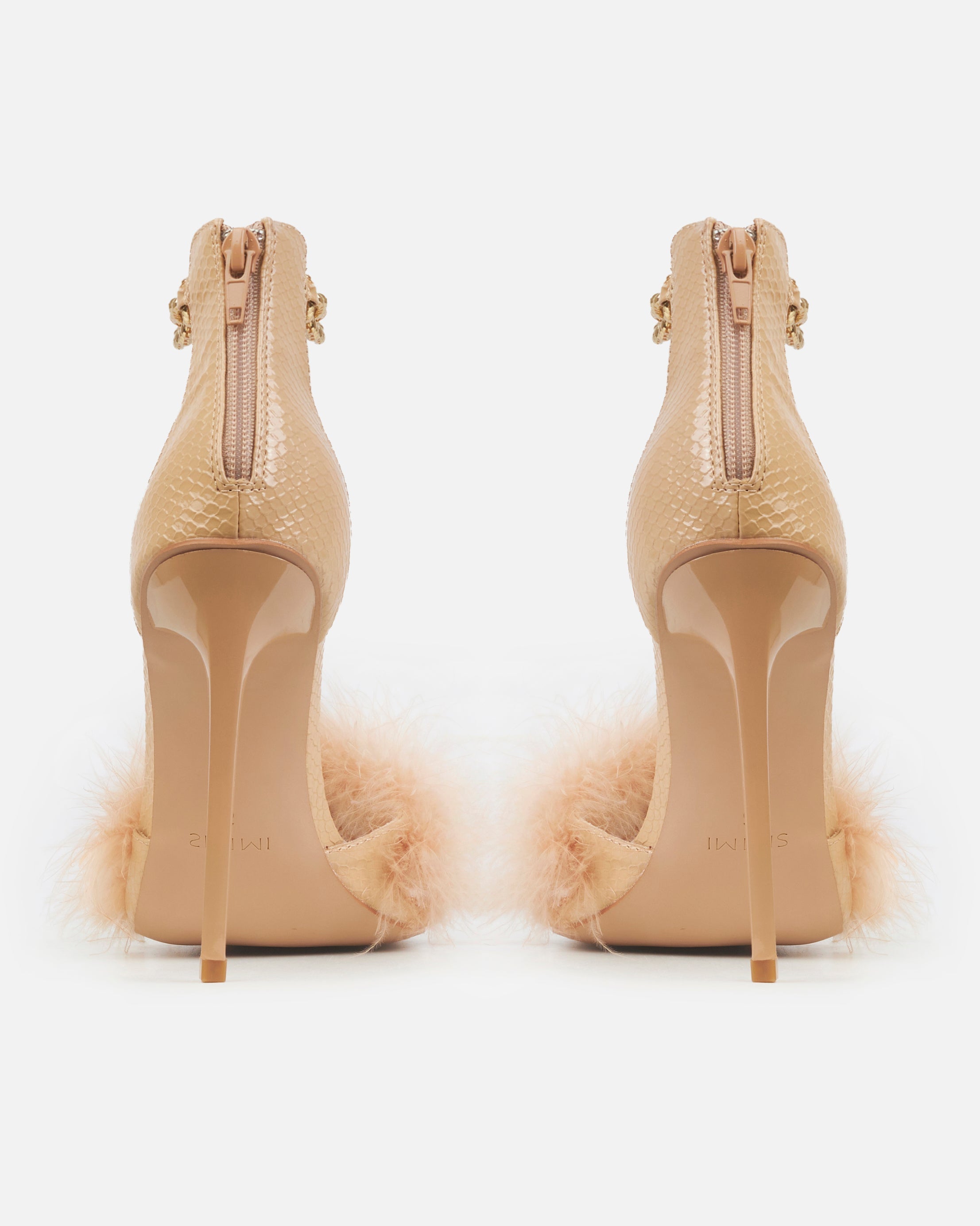 Saphire Nude Faux Snake Fluffy Heeled Sandals With Chains