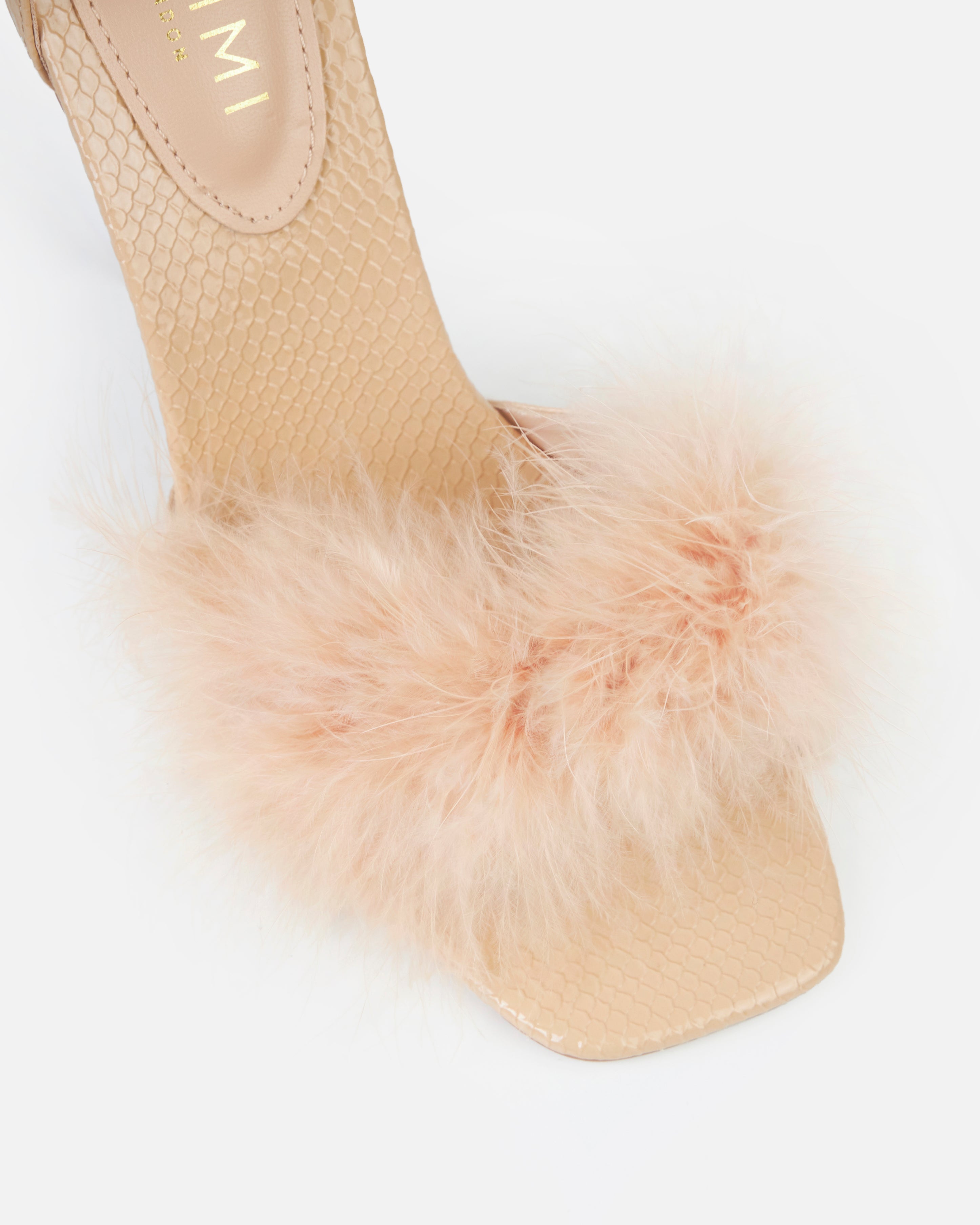 Saphire Nude Faux Snake Fluffy Heeled Sandals With Chains